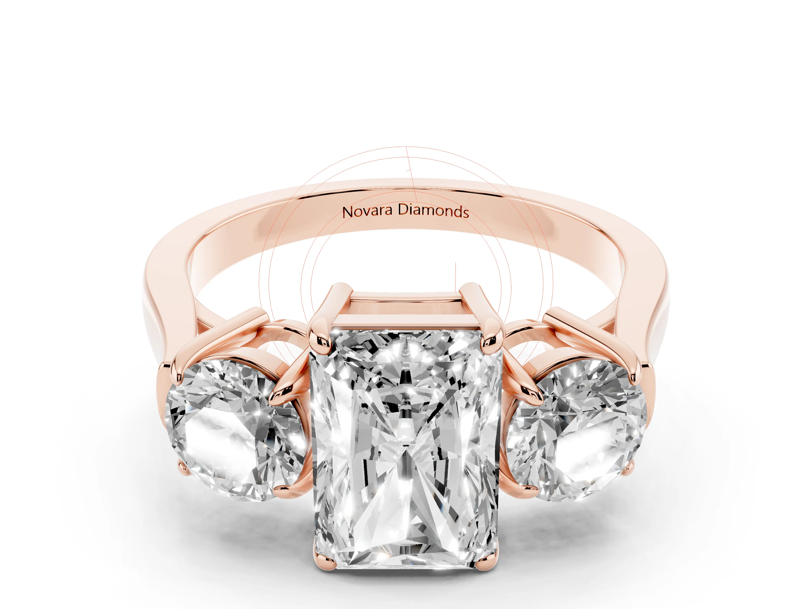 Radiant Cut Diamond Three-Stone Ring Set in Rose gold with Round Accent Stones and Plain Band