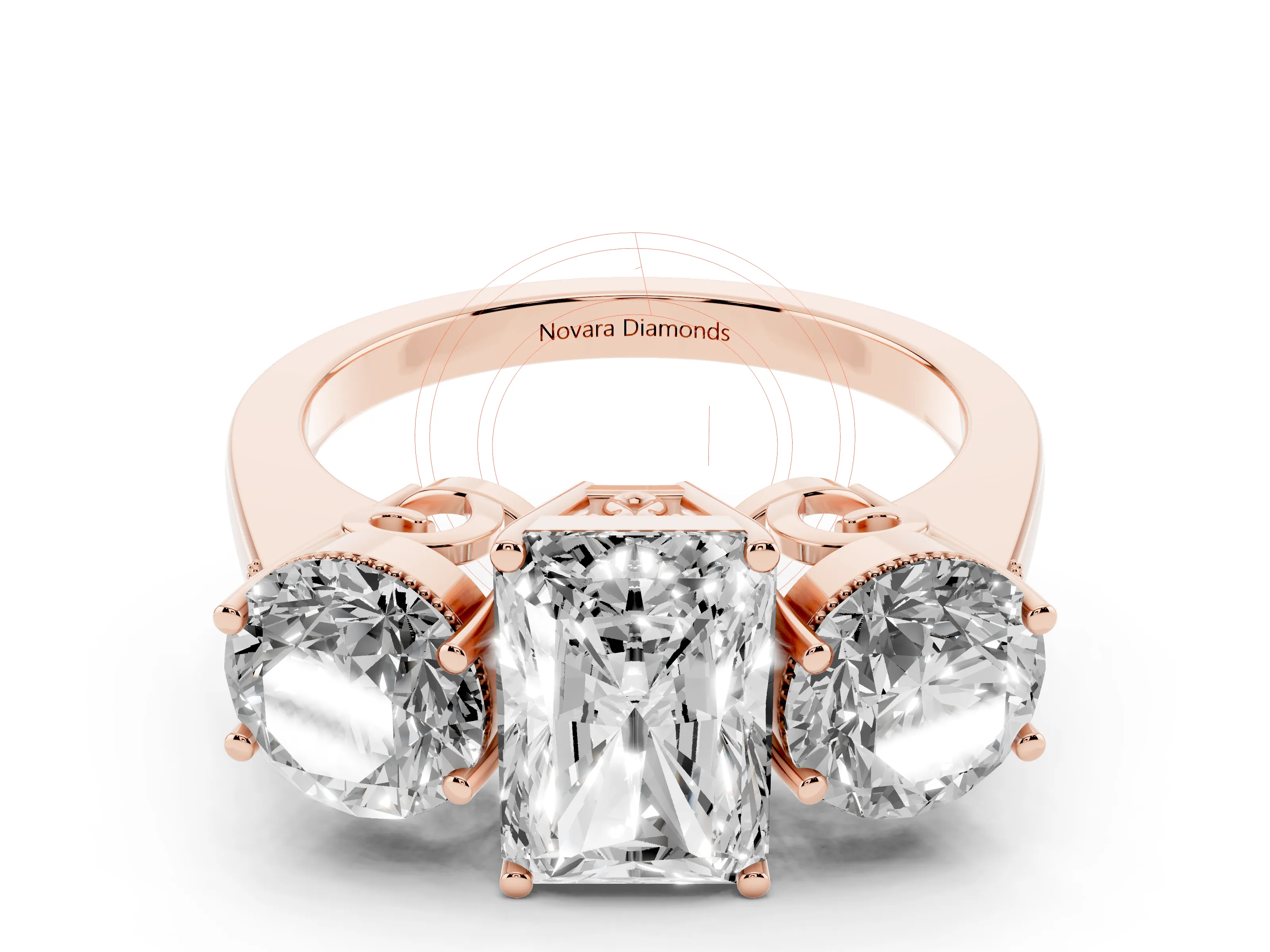 Radiant Cut Diamond Three-Stone Engagement Ring Set in Rose gold with Polished Band