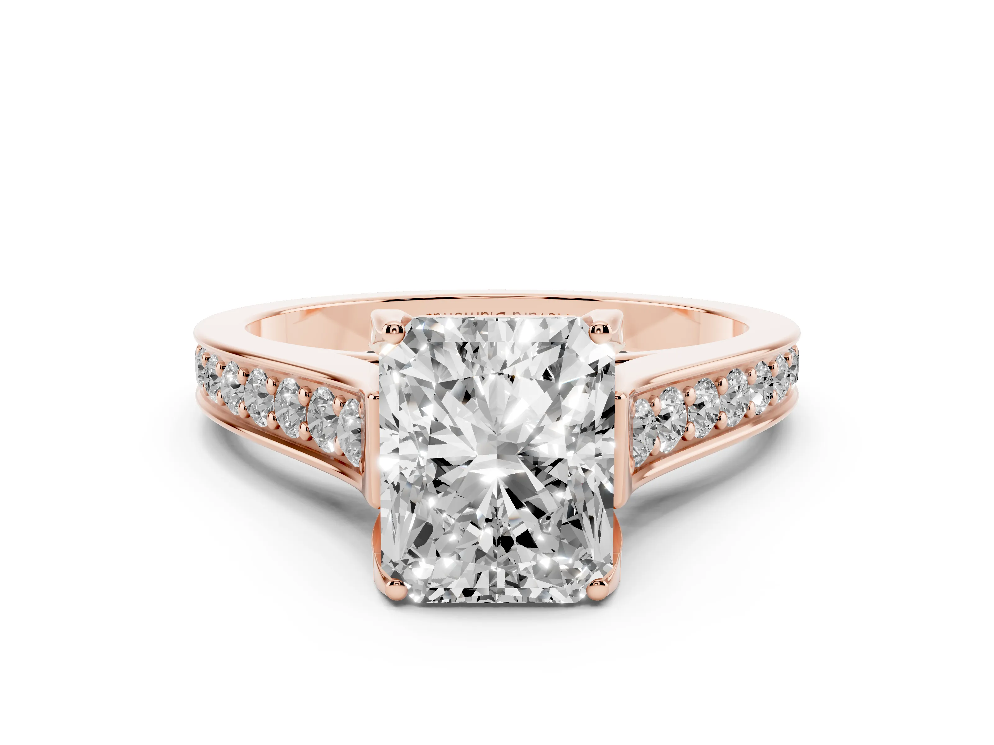 Radiant Cut Diamond Solitaire Pavé Engagement Ring Set in Rose gold with Prong Setting