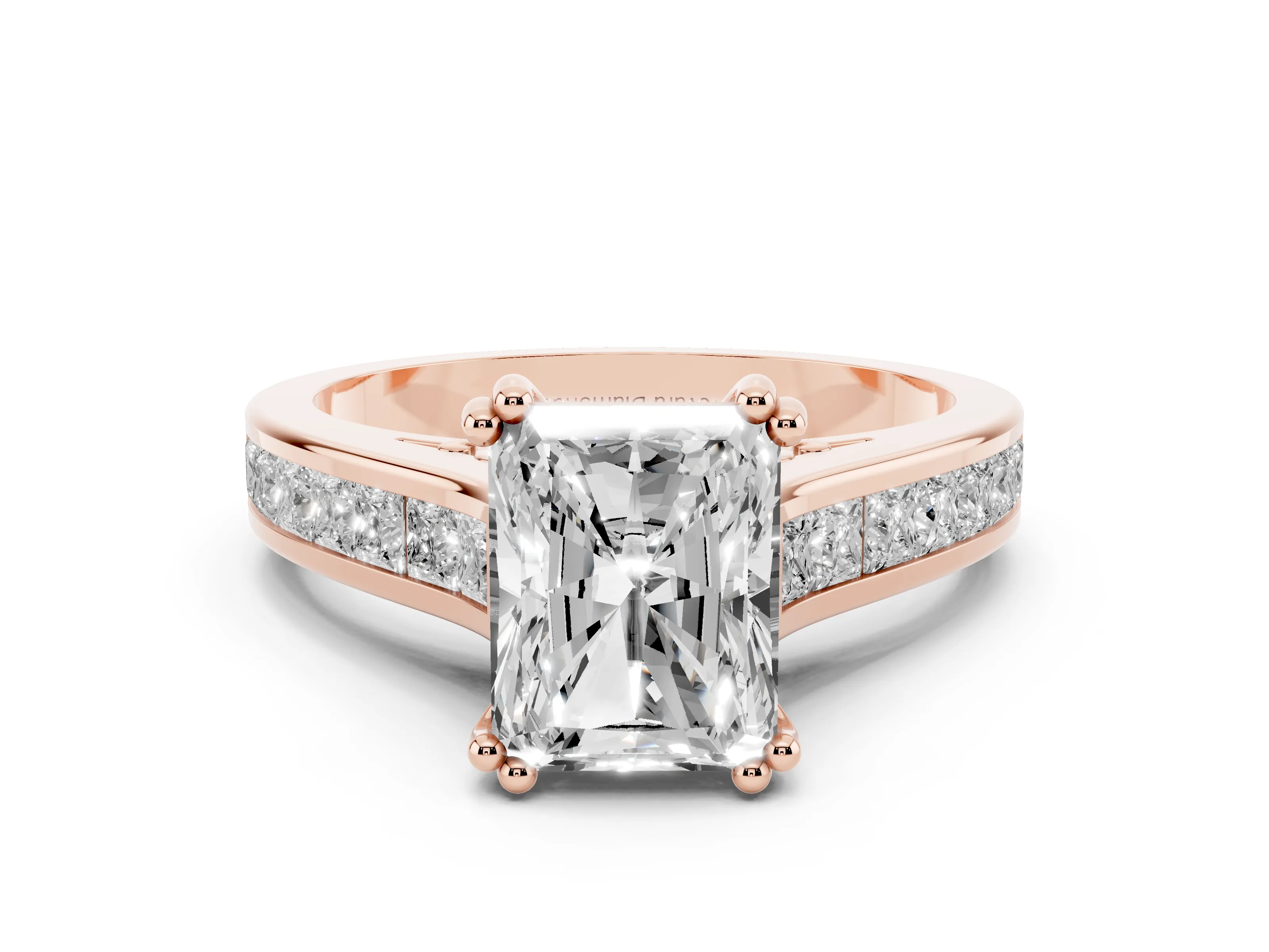 Radiant Cut Diamond Channel Set Solitaire Engagement Ring Set in Rose gold with Prong Setting
