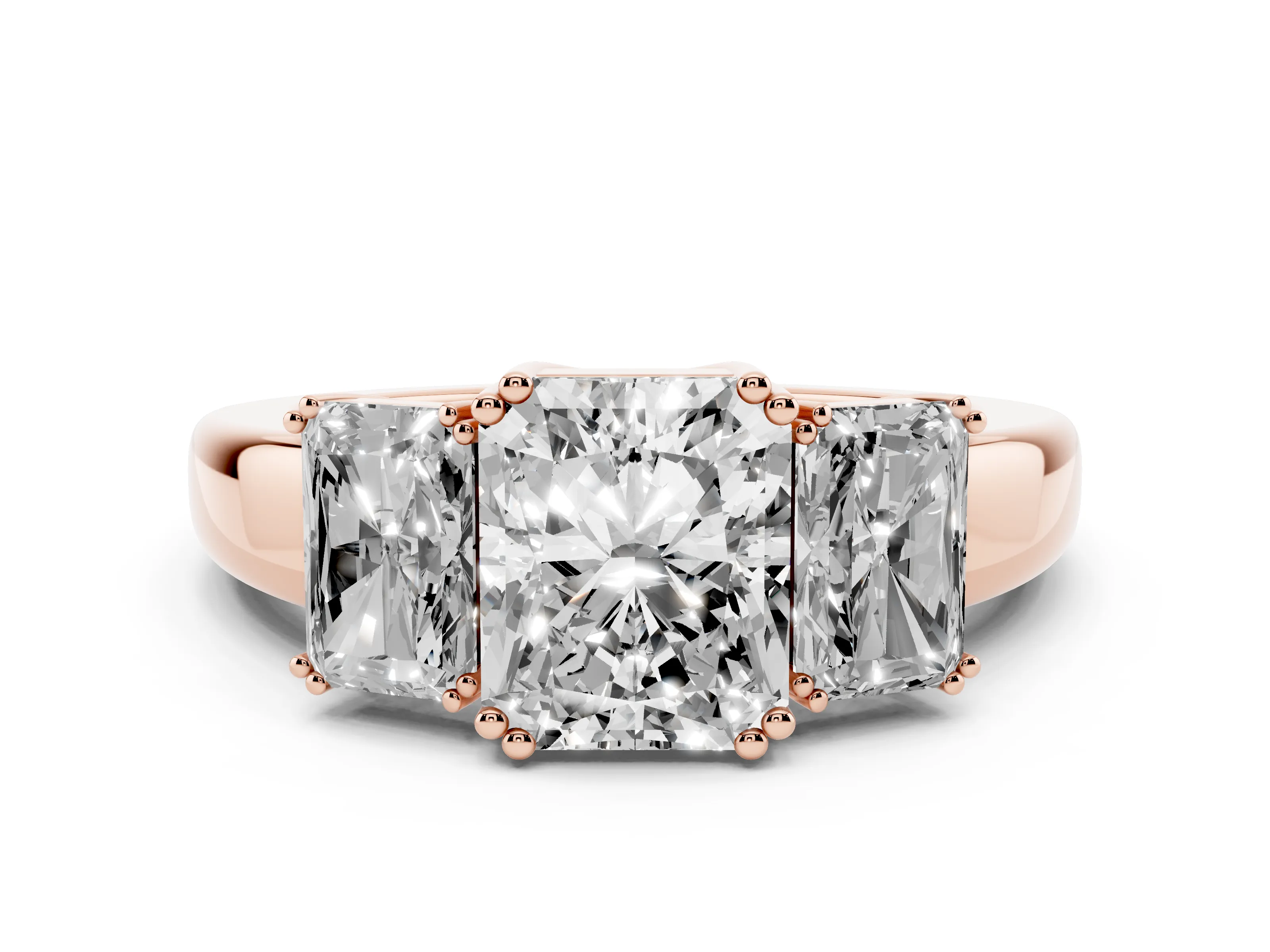 Radiant Cut Diamond Three-Stone Ring Set in Rose gold with Polished Channel-Set Band