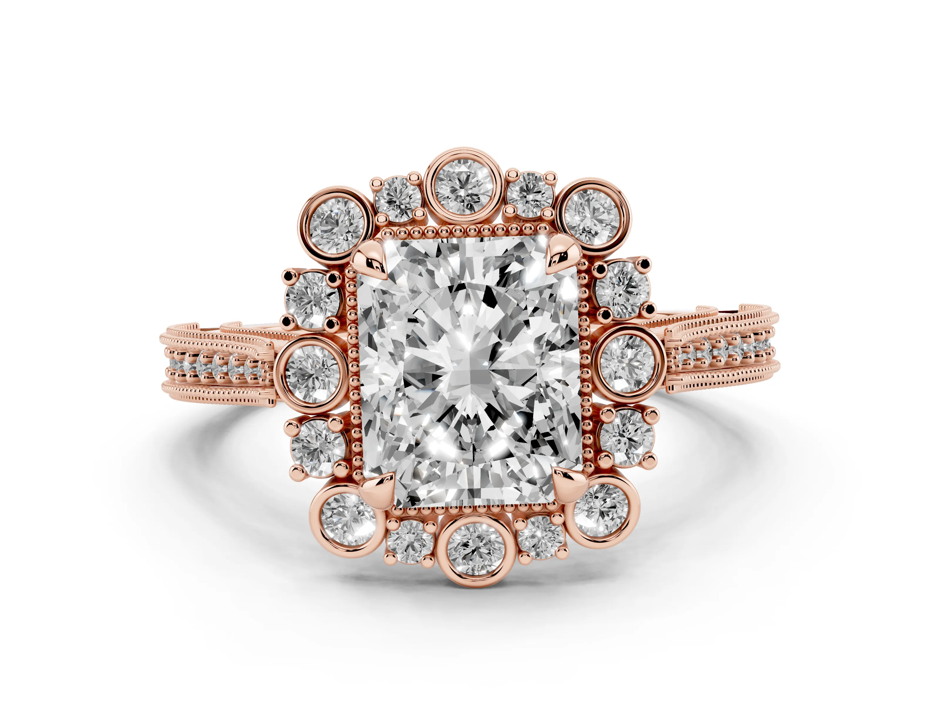 Radiant Cut Diamond Halo Milgrain Pavé Ring Set in Rose gold with Prong Setting