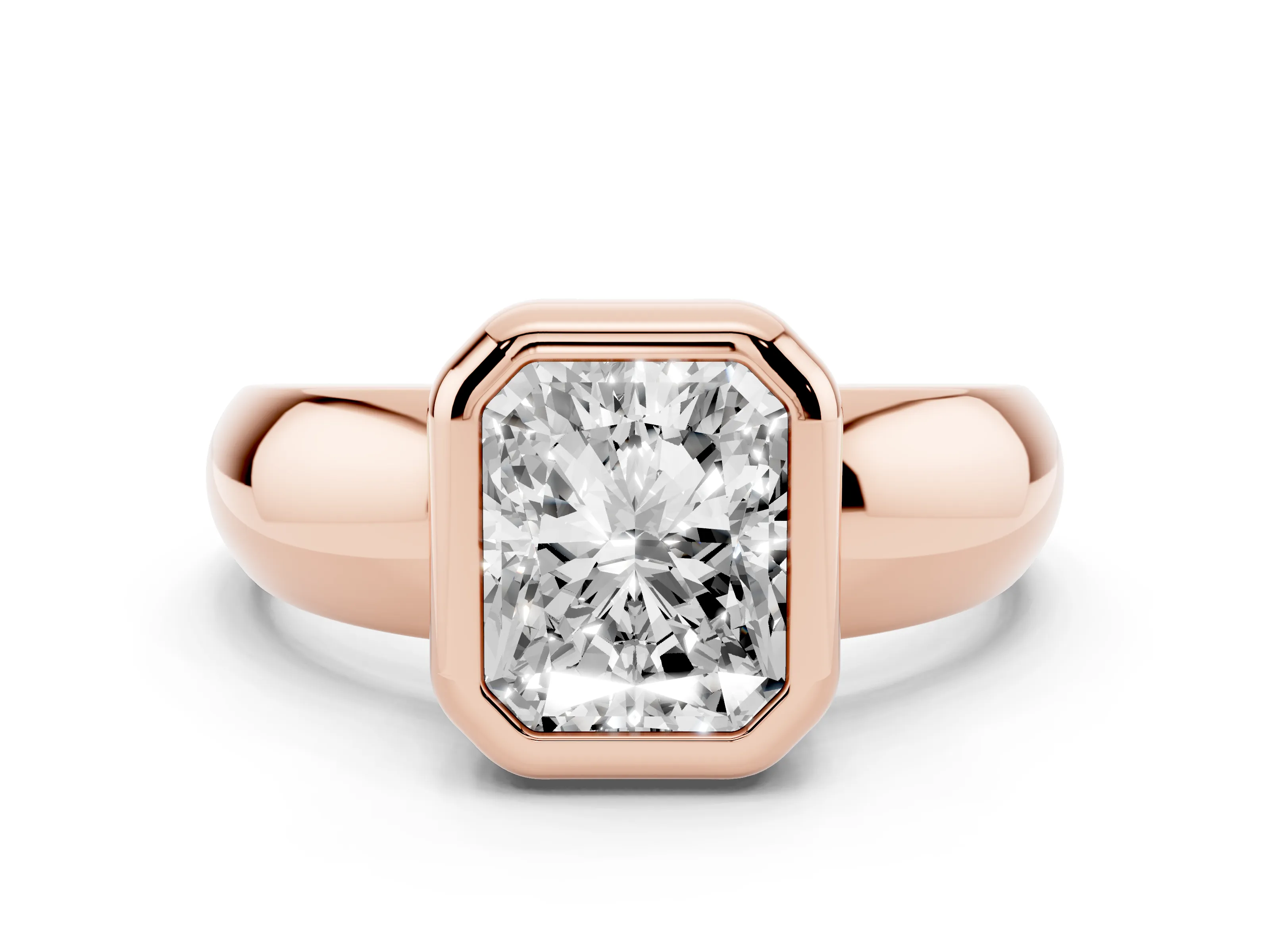 Bezel Set Radiant Cut Diamond Solitaire Ring Set in Rose gold with Wide Band