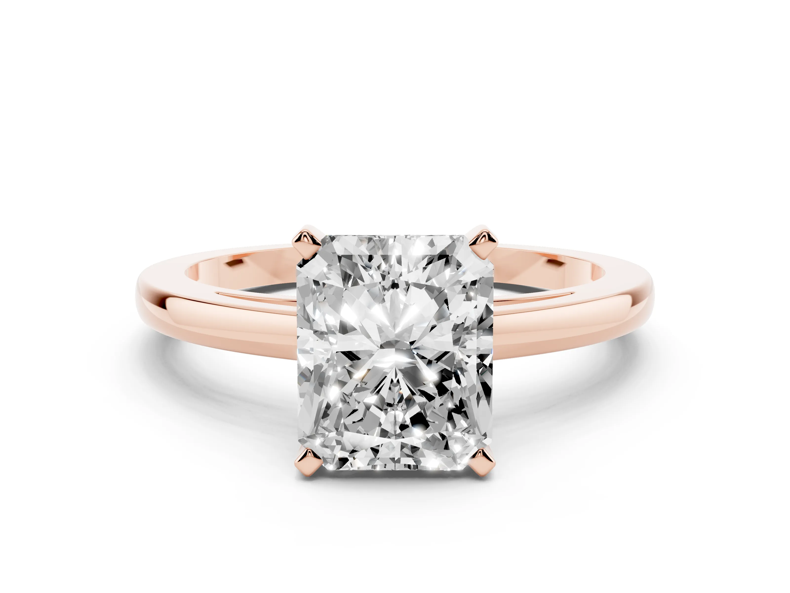 Radiant Cut Diamond Solitaire Engagement Ring Set in Rose gold with Prong Setting on a Classic Band