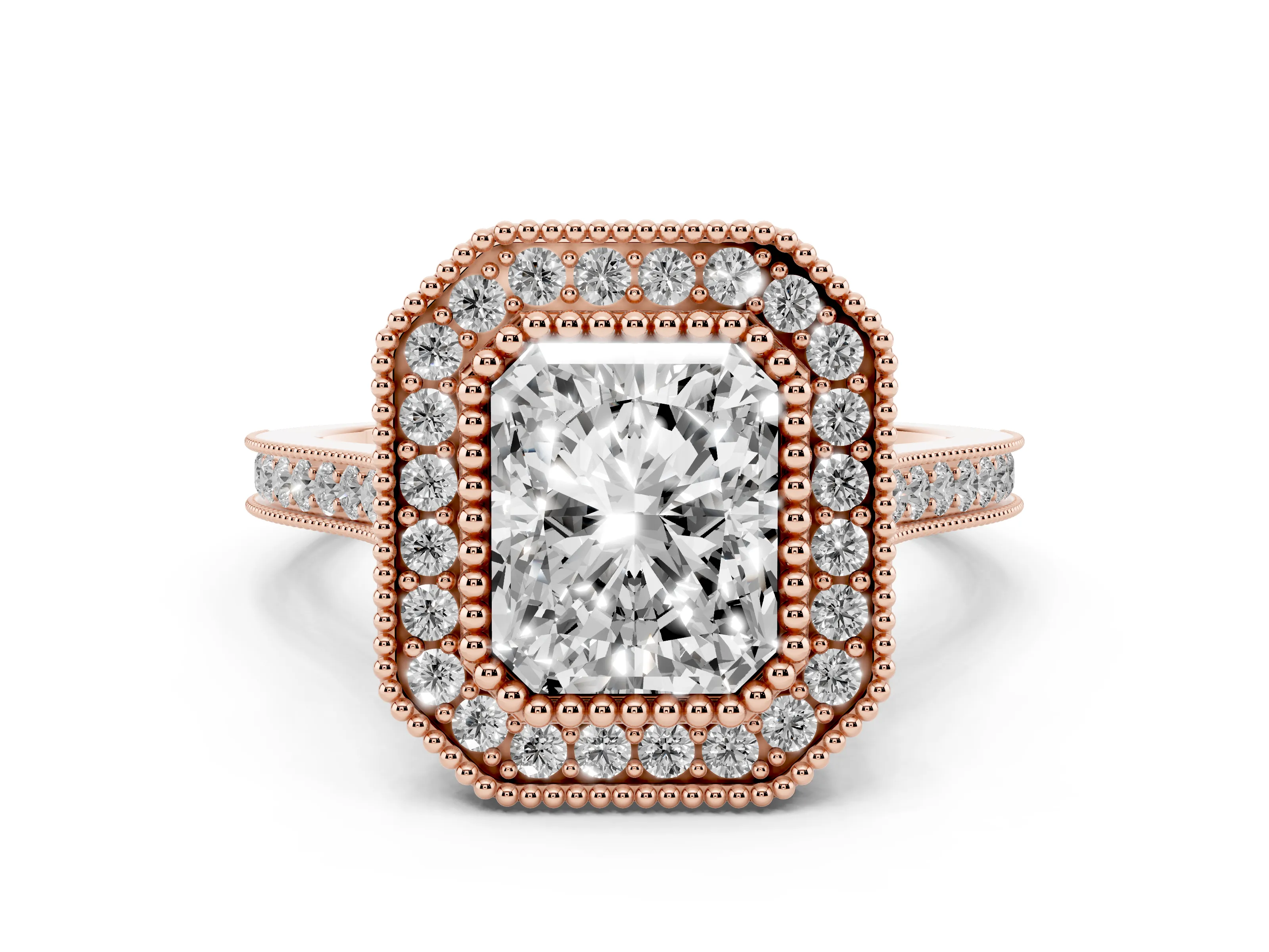 Radiant Cut Diamond Halo Ring Set in Rose gold with Milgrain Frame and Pavé Band