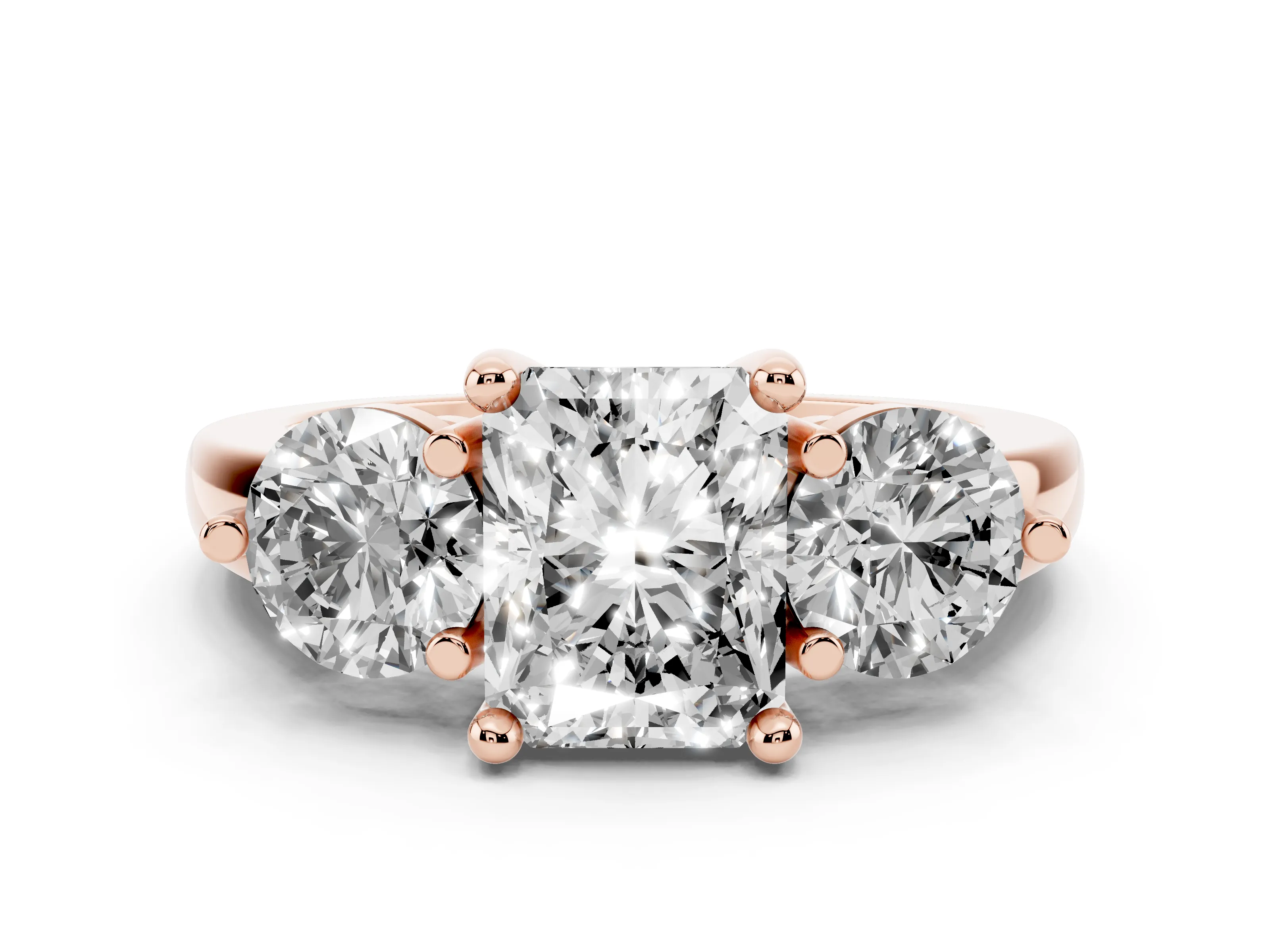 Radiant Cut Diamond Three-Stone Ring Set in Rose gold with Prong Setting and Classic Band