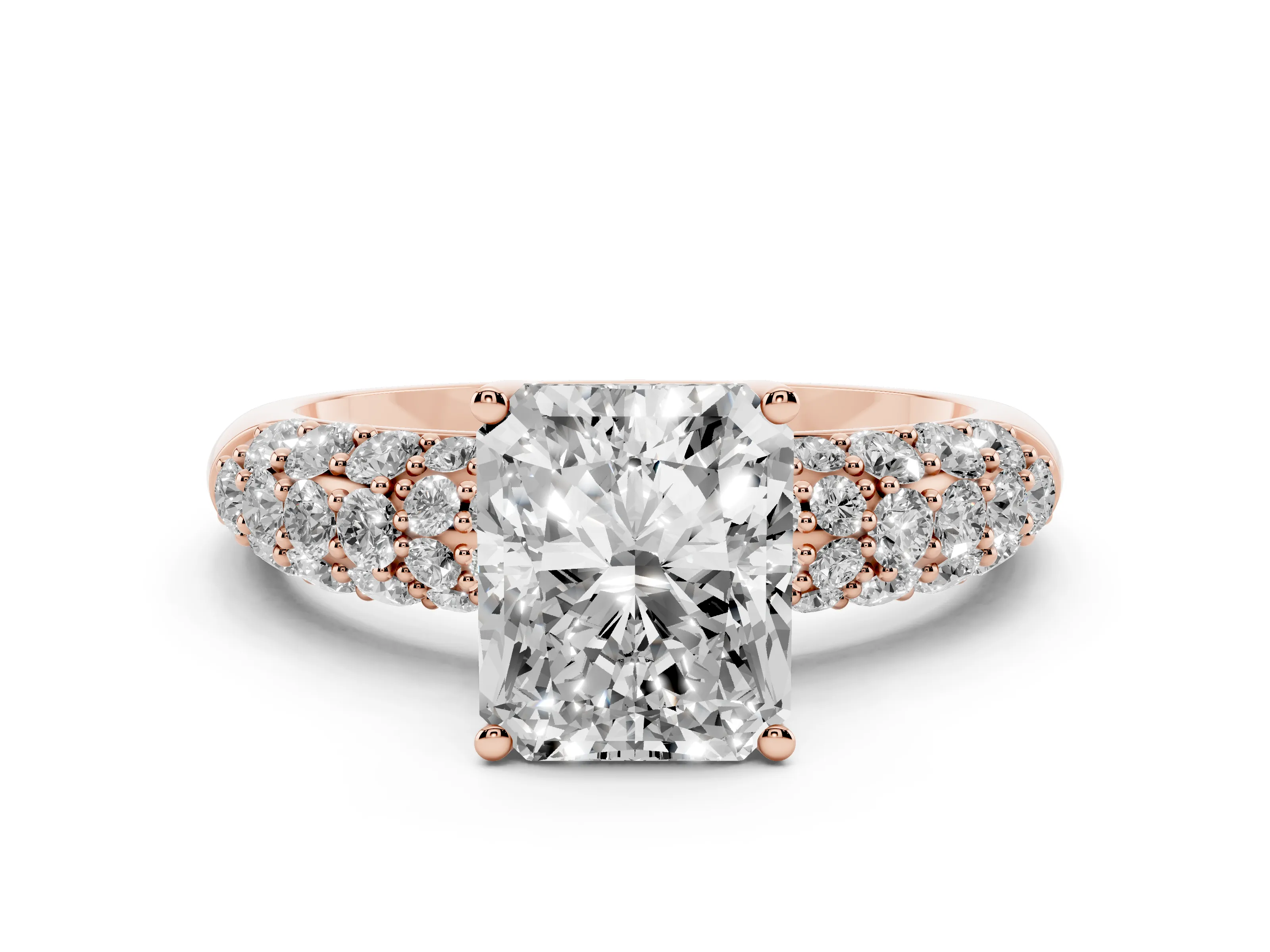Radiant Cut Diamond Pavé Band Solitaire Ring Set in Rose gold with Close-Set Accent Stones and Prong Setting