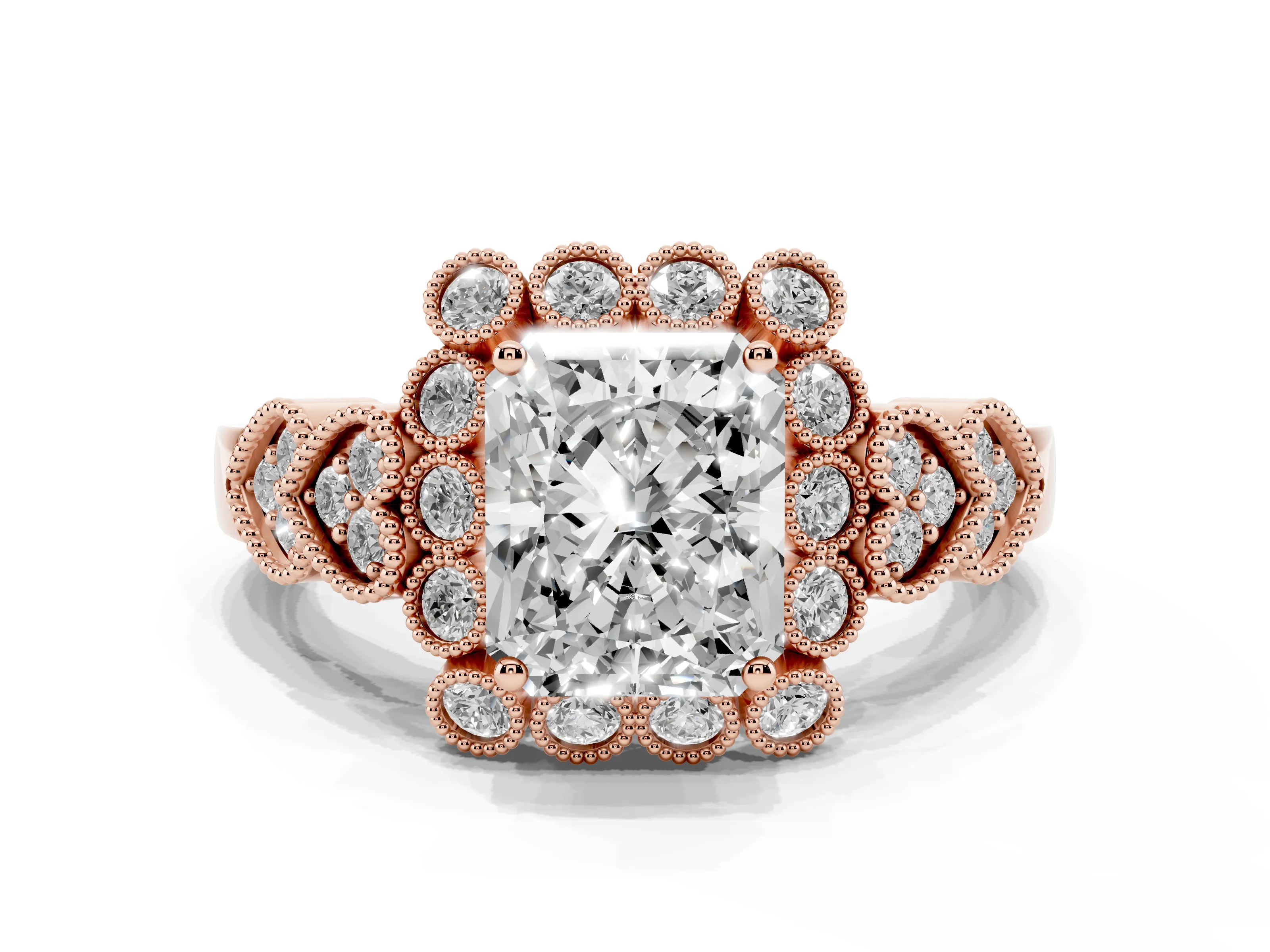 Radiant Cut Diamond Solitaire Ring Set in Rose gold with Milgrain Pavé Heart Band