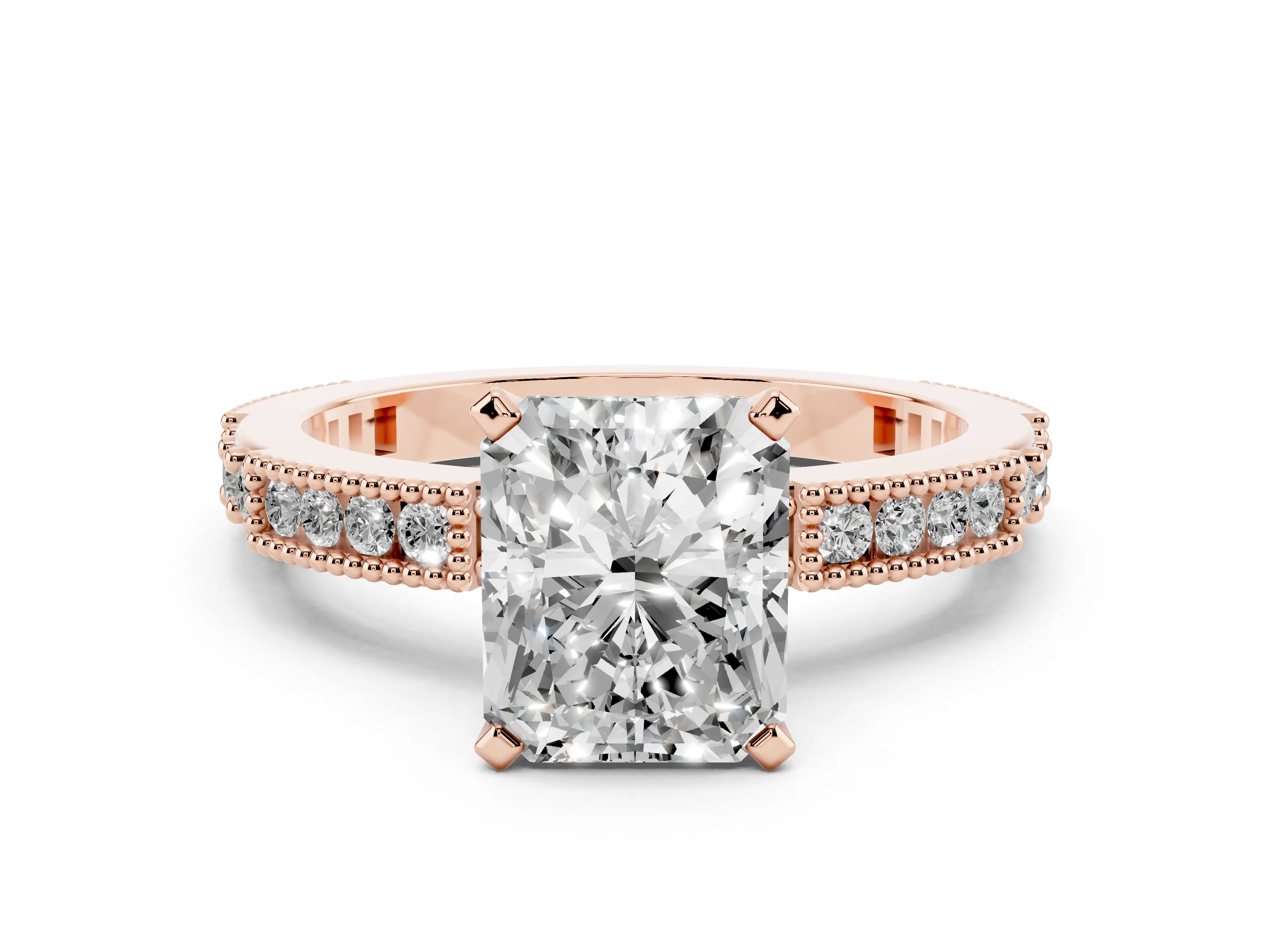 Radiant Cut Diamond Solitaire Ring Set in Rose gold with Slim Pavé Band and Prong Setting