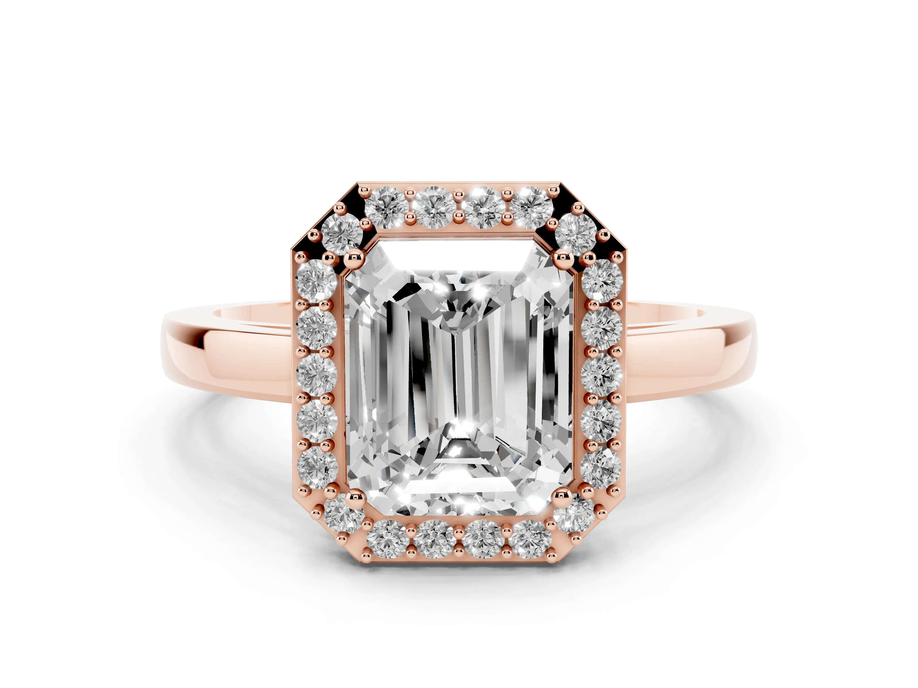 Radiant Cut Diamond Halo Ring Set in Rose gold with Solitaire Band and Prong Setting