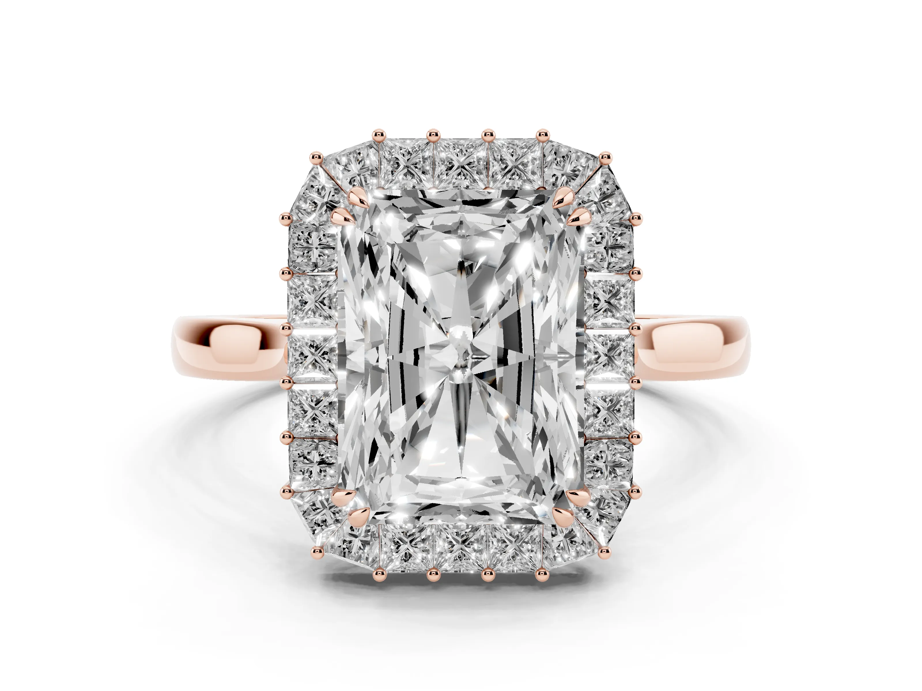 Radiant Diamond Baguette Halo Ring Set in Rose gold with Round Accents and Slim Band