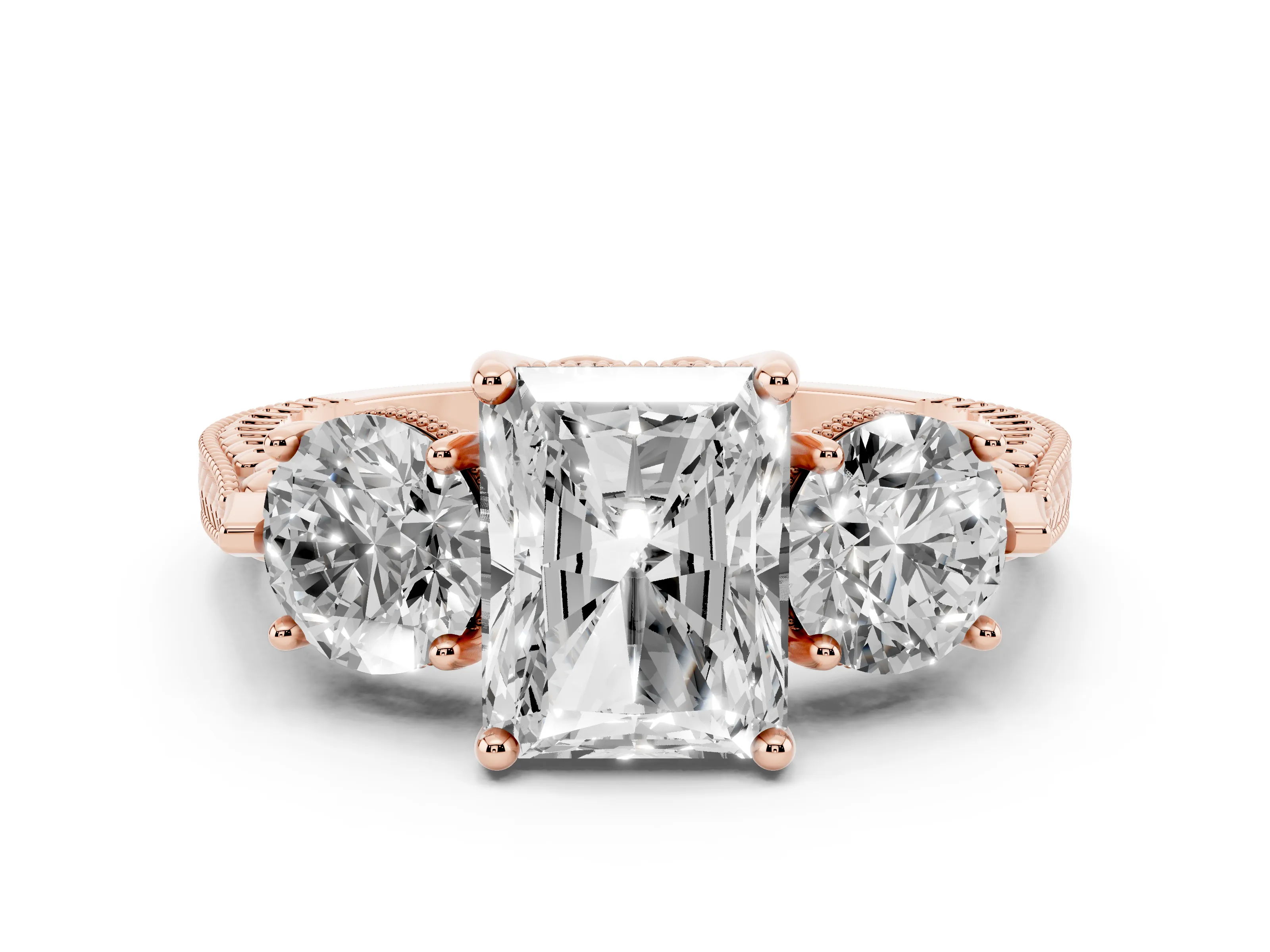 Radiant Cut Diamond Three-Stone Ring Set in Rose gold with Milgrain Band