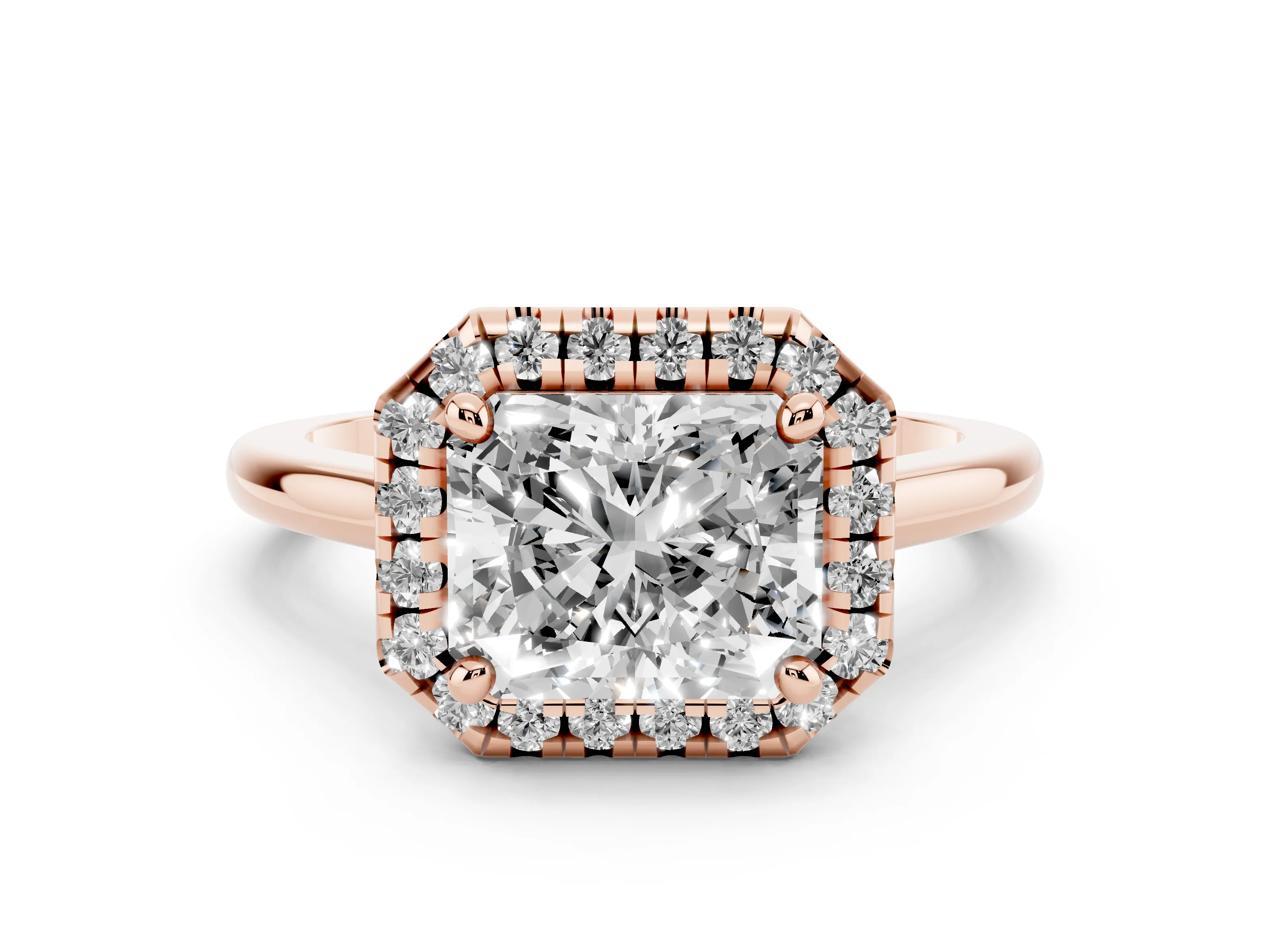 Radiant Cut Diamond Halo Engagement Ring Set in Rose gold with Pavé Band and Rising Shoulders