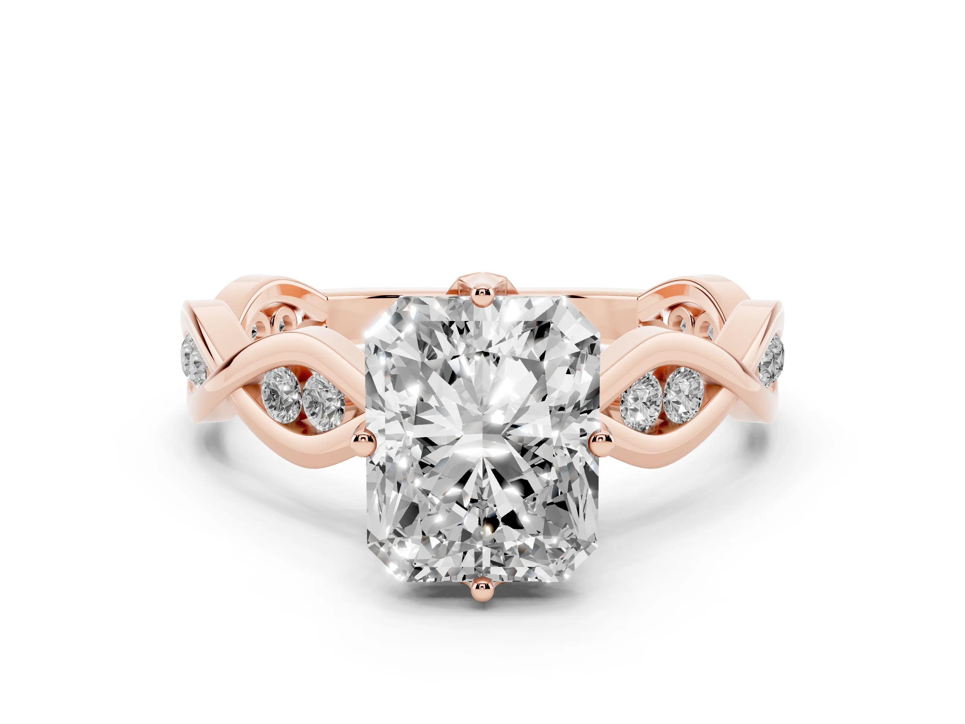 Radiant Cut Diamond Twist Band Solitaire Ring Set in Rose gold with Leaf Prong Setting and Accent Stones