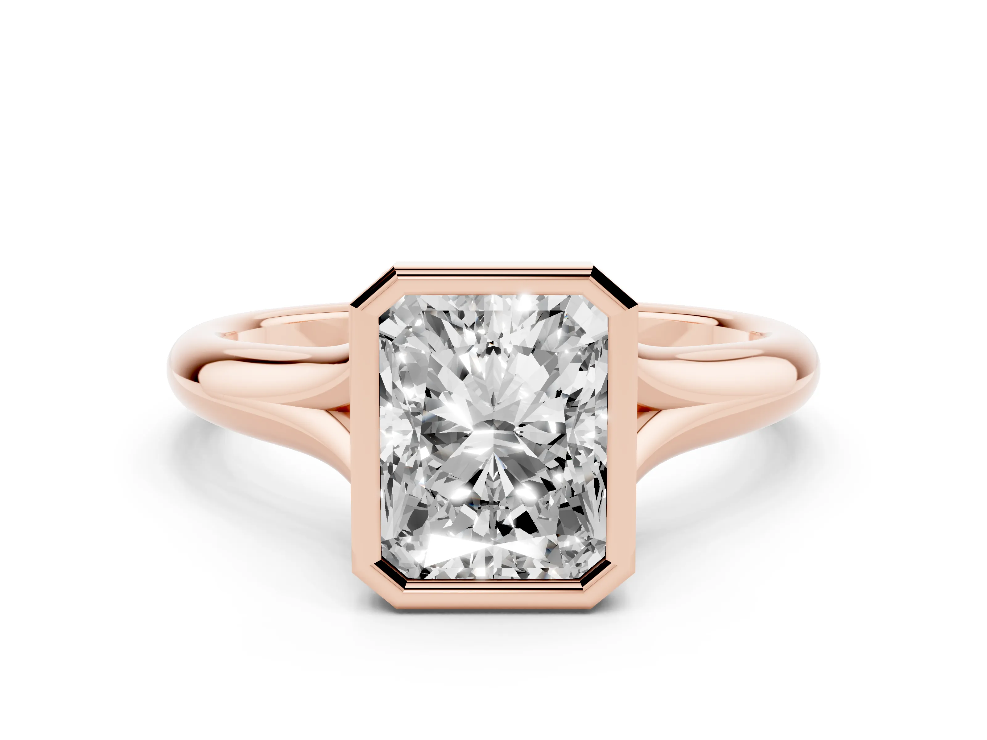 Bezel Set Radiant Cut Diamond Solitaire Ring Set in Rose gold with Smooth Band