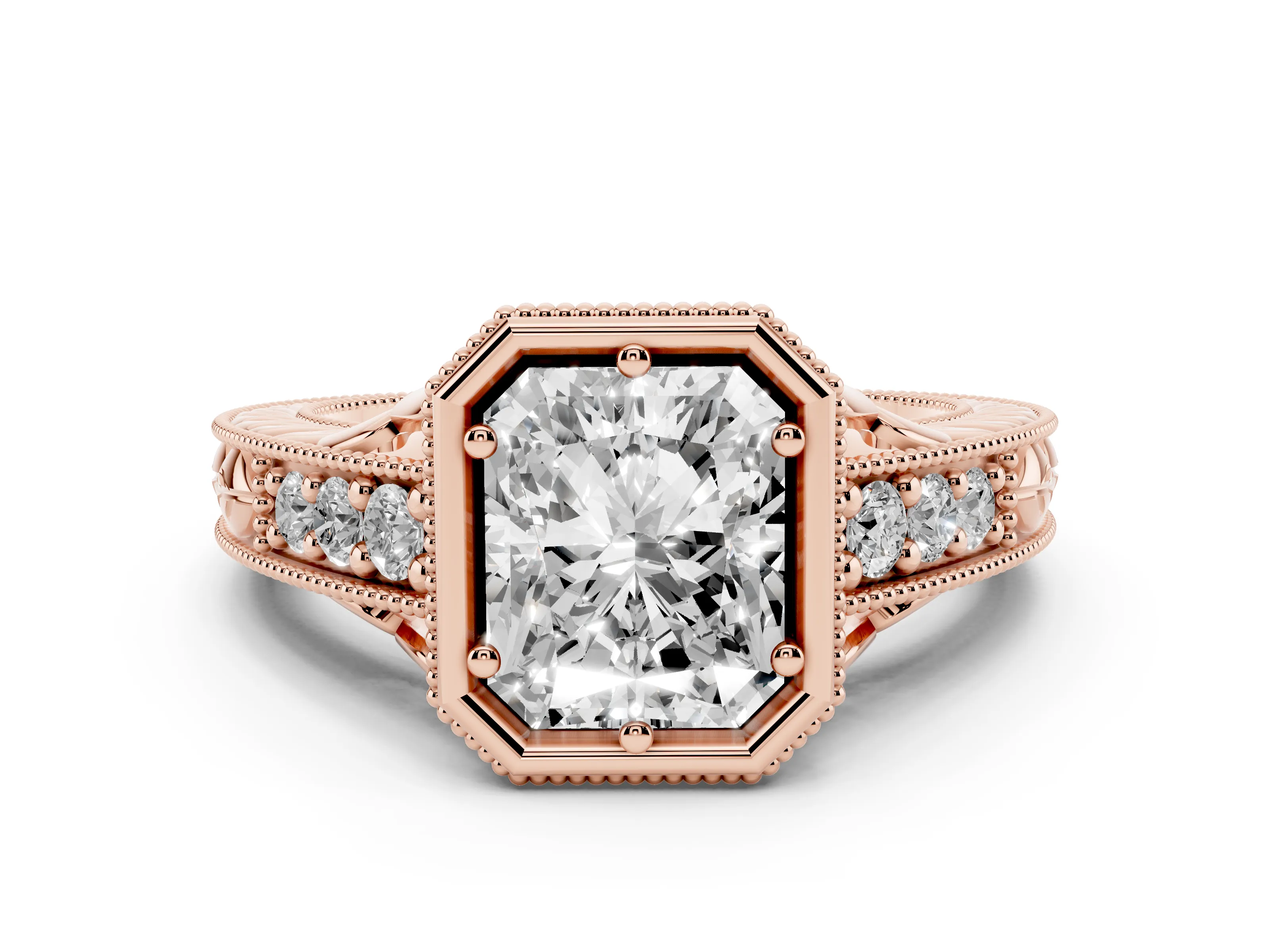 Bezel Set Radiant Cut Diamond Milgrain Pavé Engagement Ring Set in Rose gold