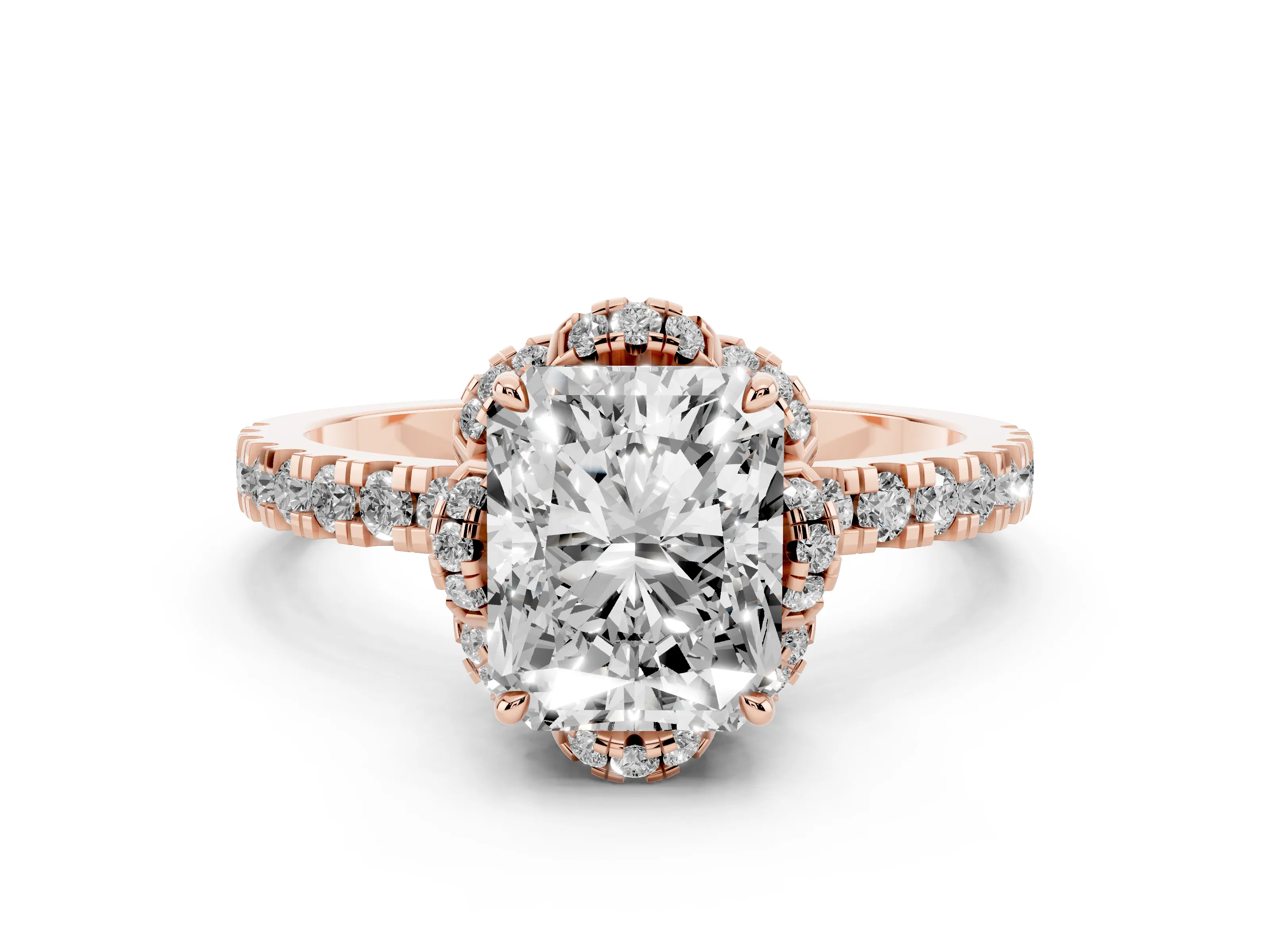 Radiant Cut Diamond Halo Pavé Band Ring Set in Rose gold with Prong-Held Center