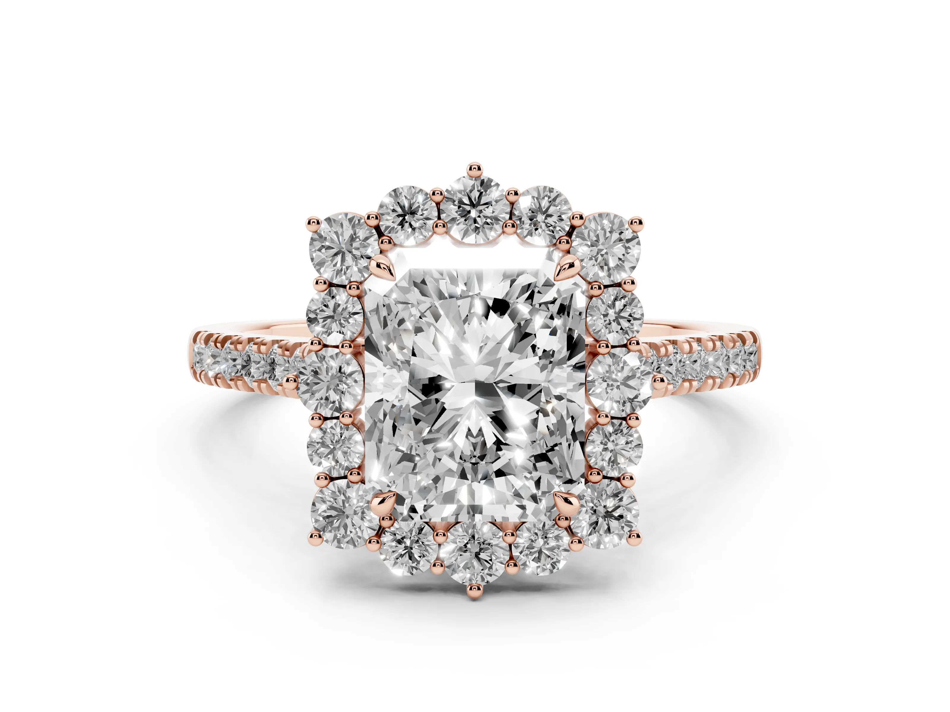 Radiant Cut Diamond Halo Ring Set in Rose gold with Pavé Band and Prong Setting