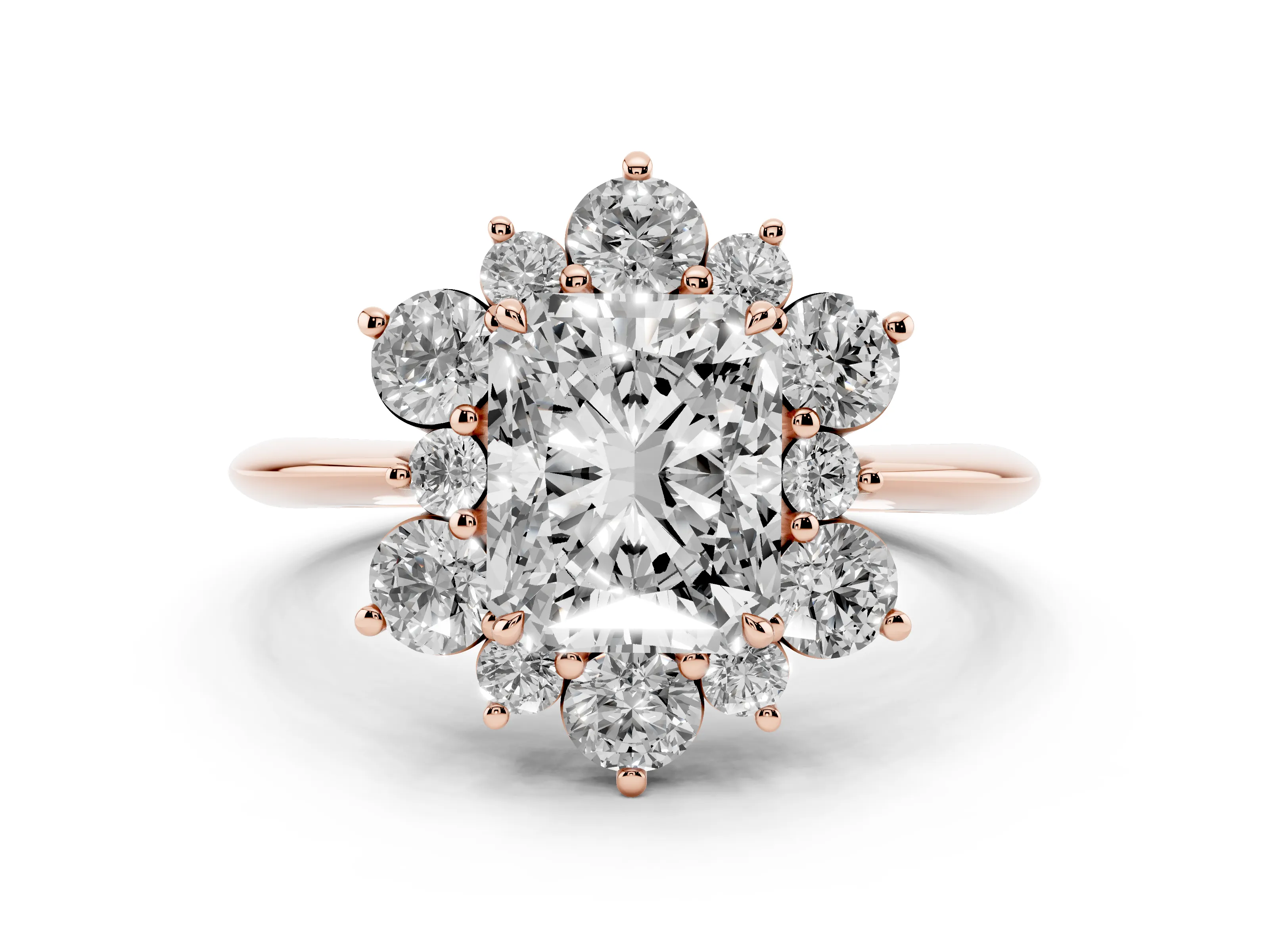 Radiant Cut Diamond Cluster Halo Ring Set in Rose gold with Solitaire Band and Prong Setting