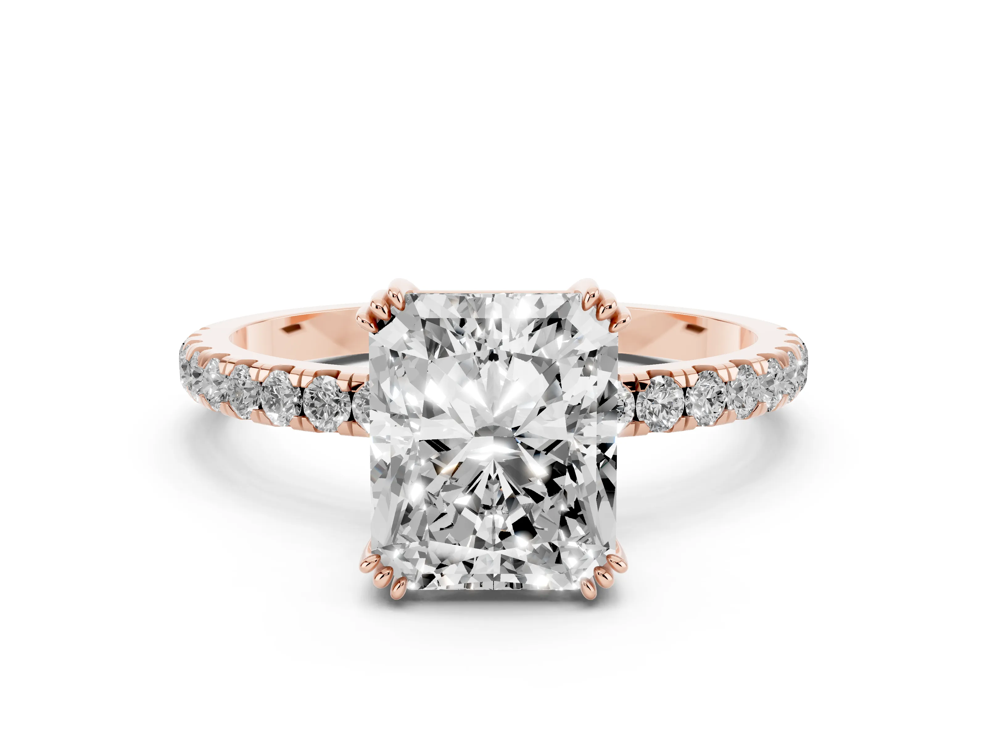 Radiant Cut Diamond Brilliant Solitaire Set in Rose gold with Pavé Band and Claw Prong Setting