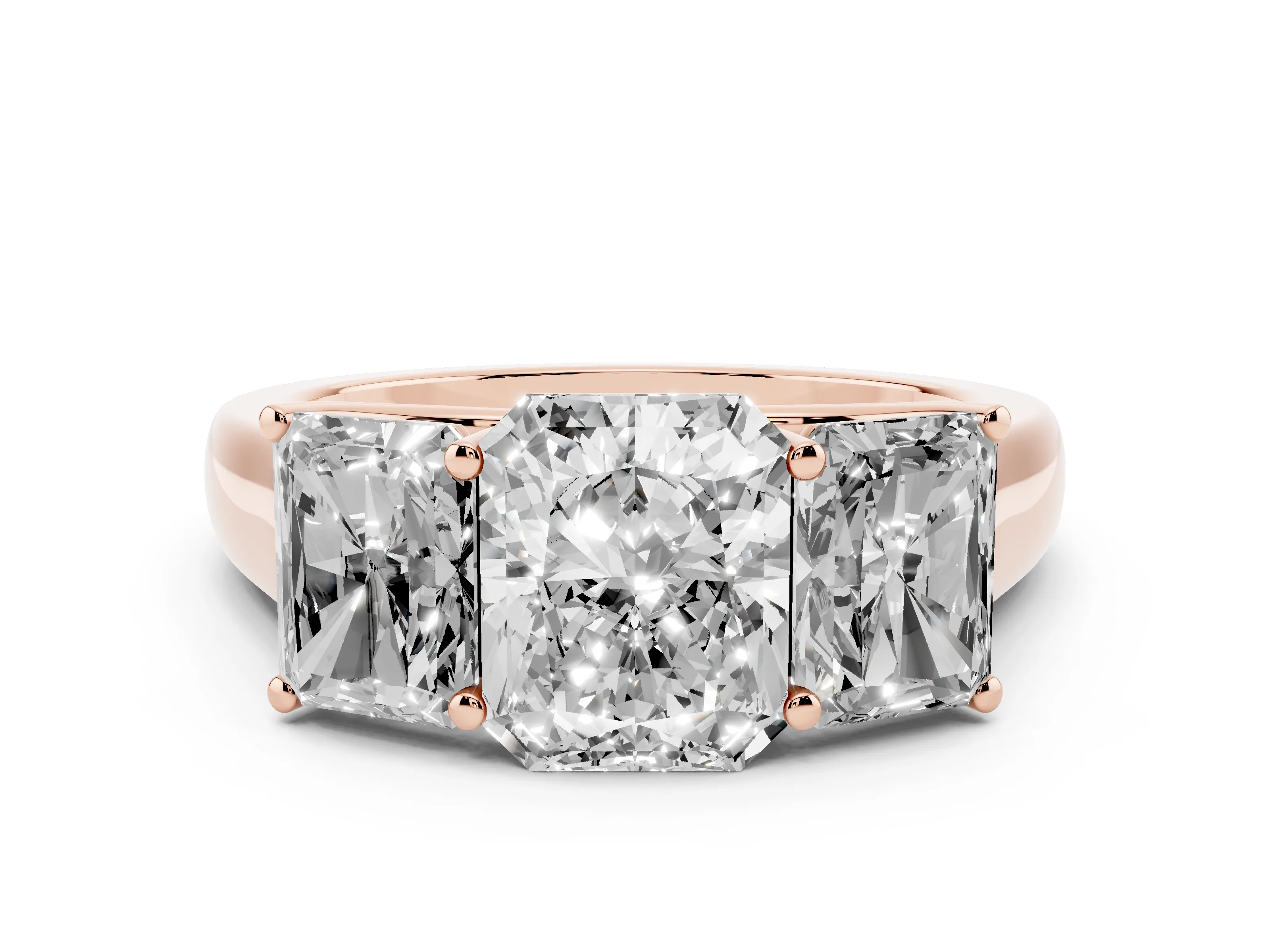 Radiant Cut Diamond Three-Stone Ring Set in Rose gold with Plain Polished Band