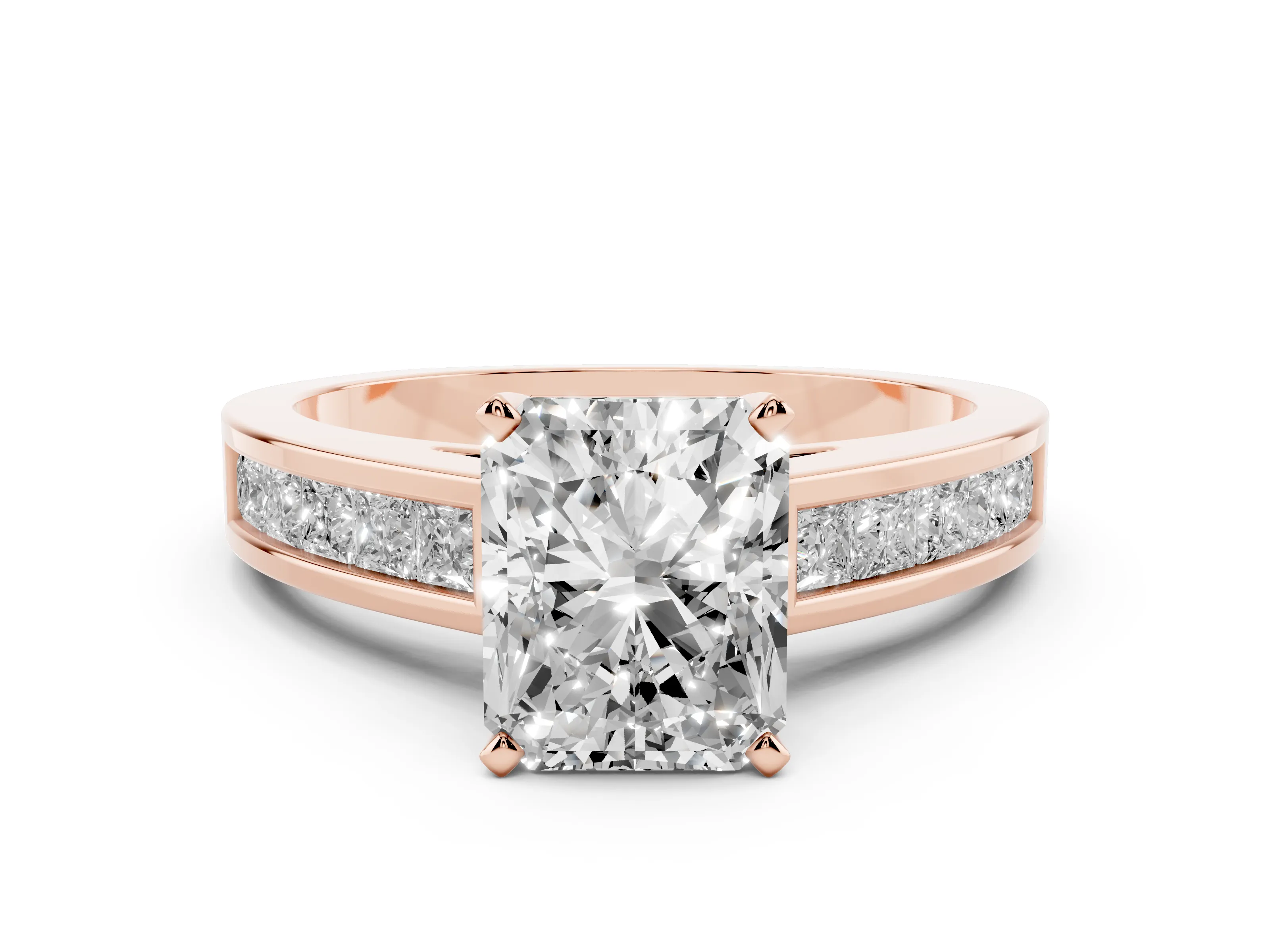 Radiant Cut Diamond Solitaire Ring Set in Rose gold with Channel-Set Band and Prong Setting