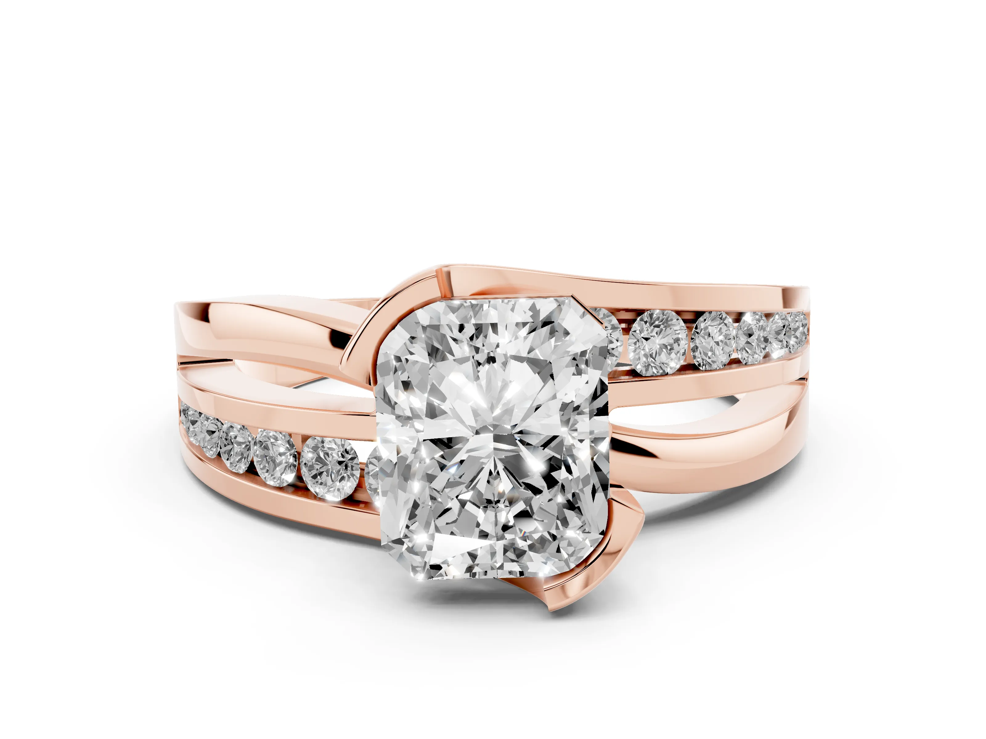 Radiant Cut Diamond Solitaire Ring Set in Rose gold with Channel Set Split Shank and Tension Prongs