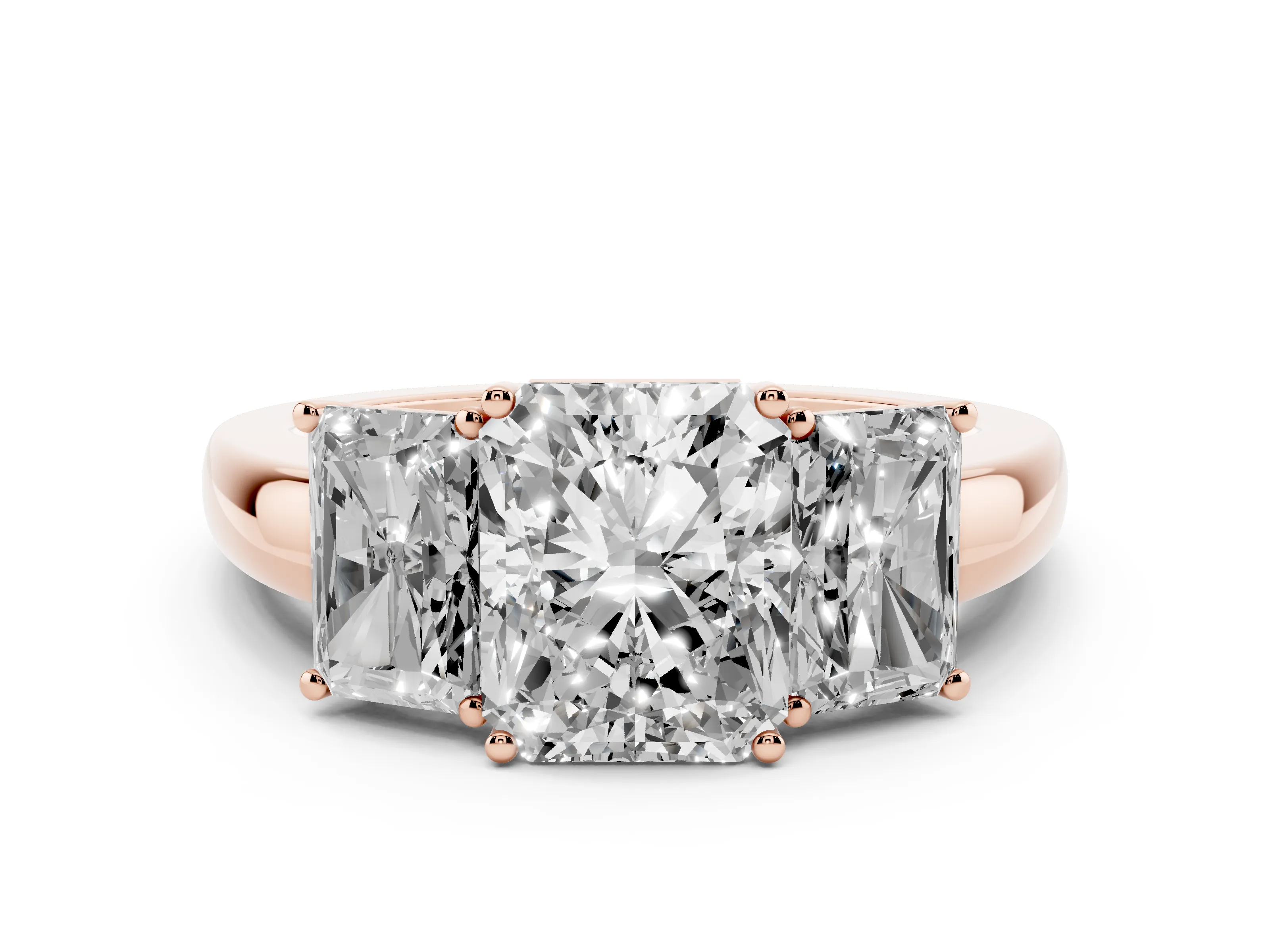 Radiant Cut Diamond Three-Stone Ring Set in Rose gold with Bold Center and Classic Band