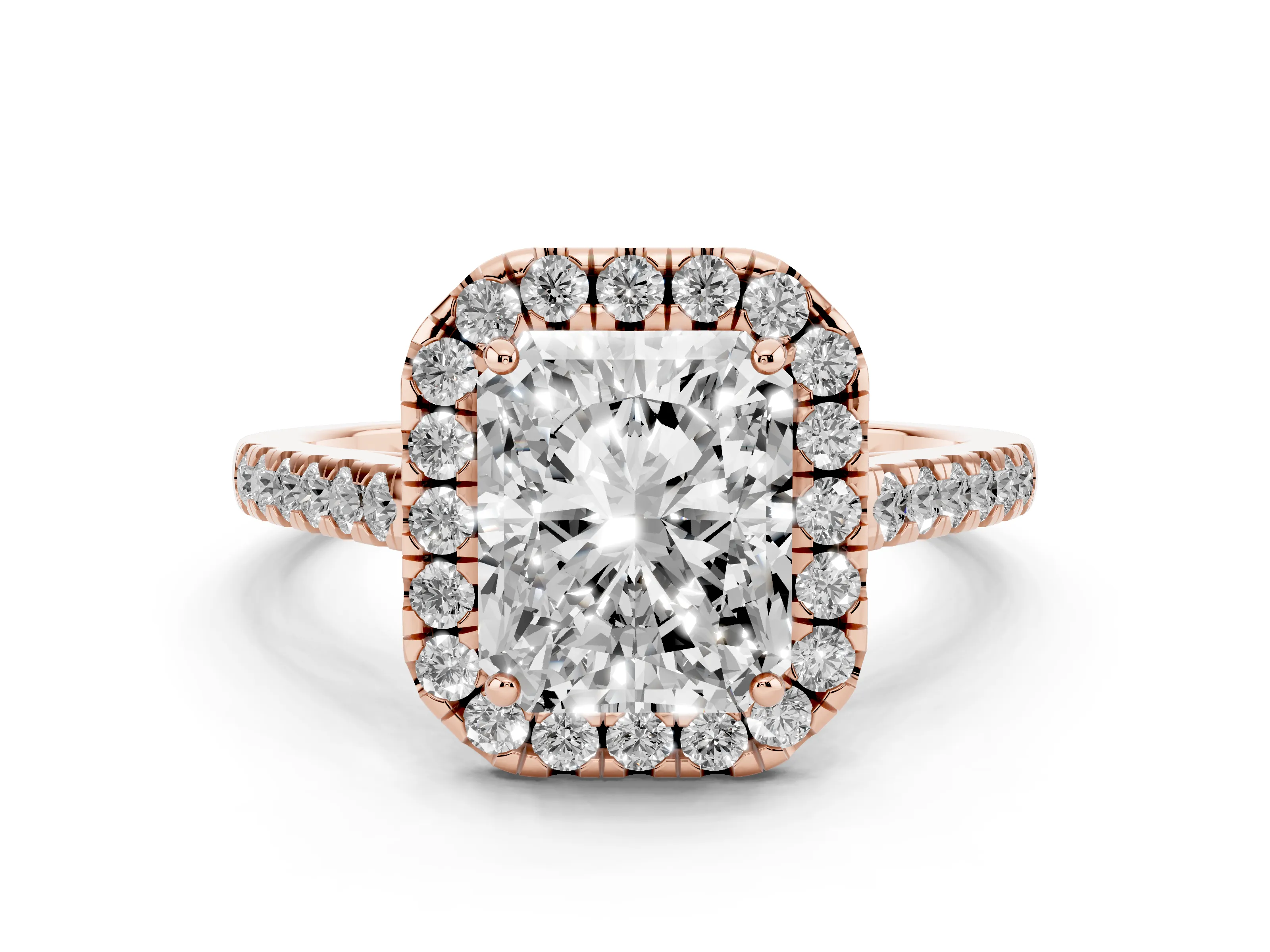 Radiant Cut Diamond Pavé Halo Engagement Ring Set in Rose gold with Pavé Band and Prong Setting