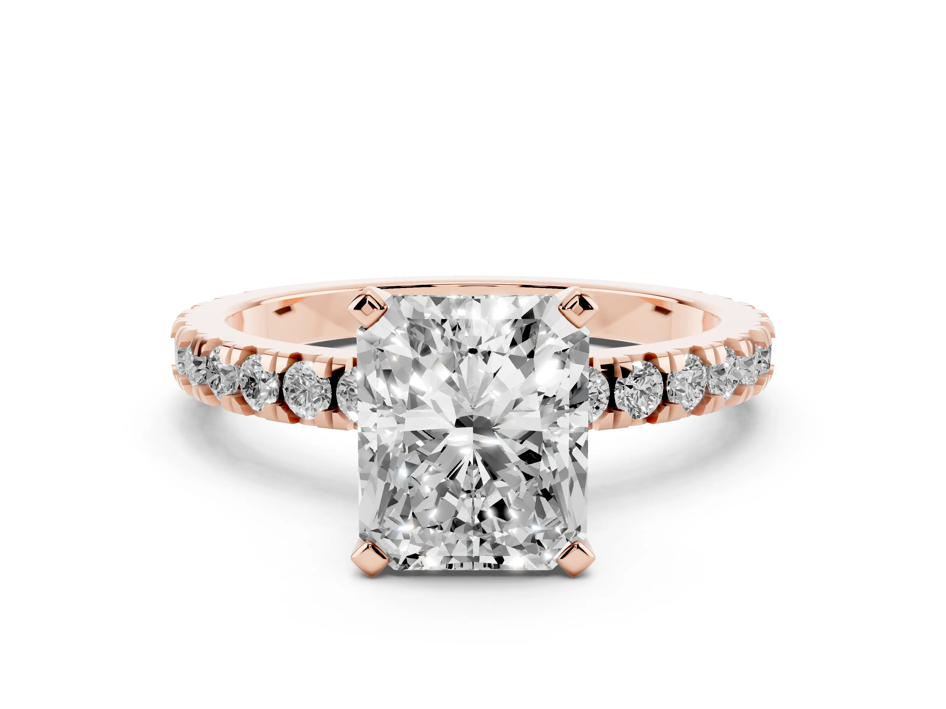 Radiant Cut Diamond Pavé Band Solitaire Set in Rose gold with Prong Setting