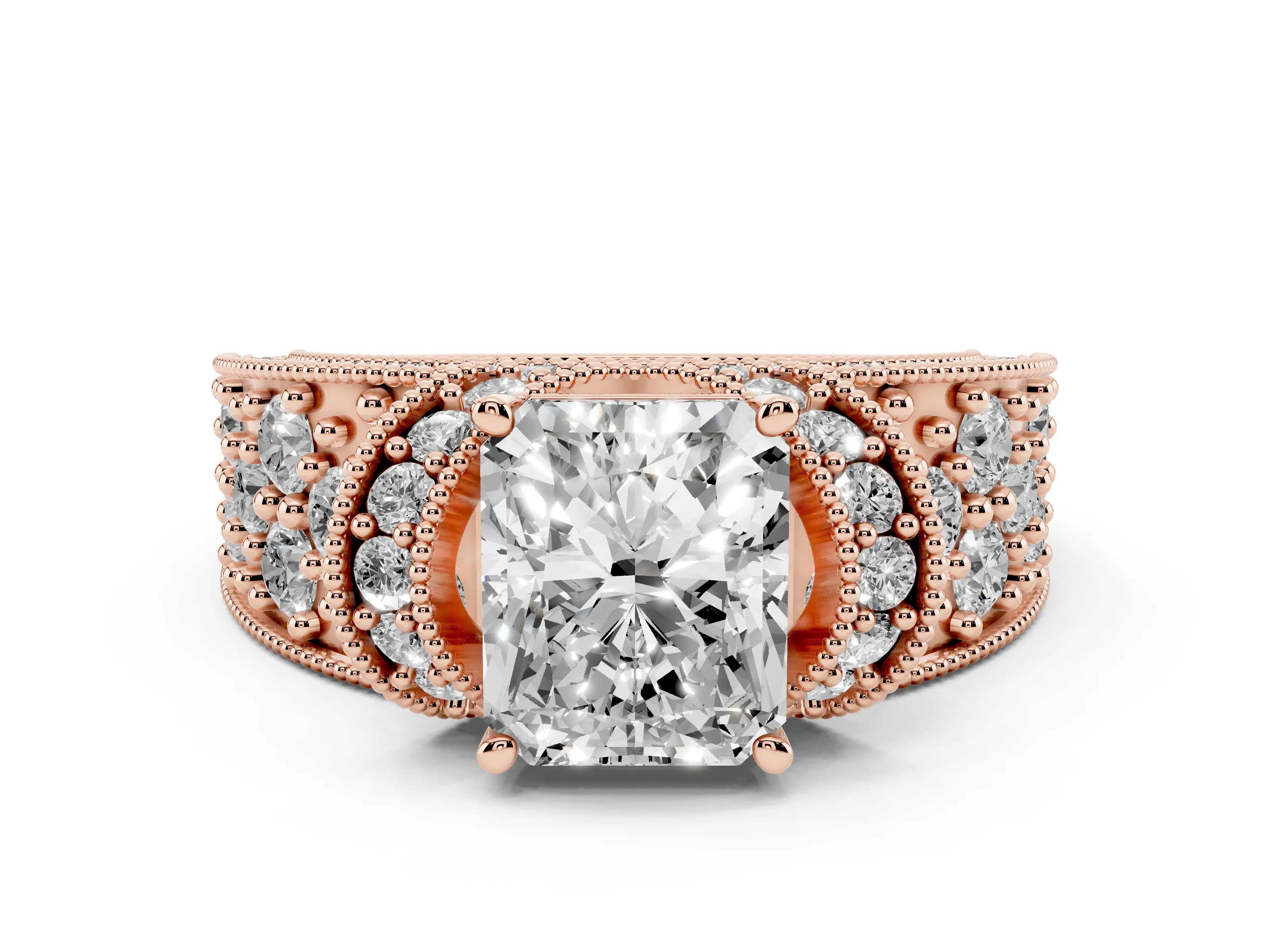 Radiant Cut Diamond Milgrain Halo Pavé Engagement Ring Set in Rose gold with Prong Setting