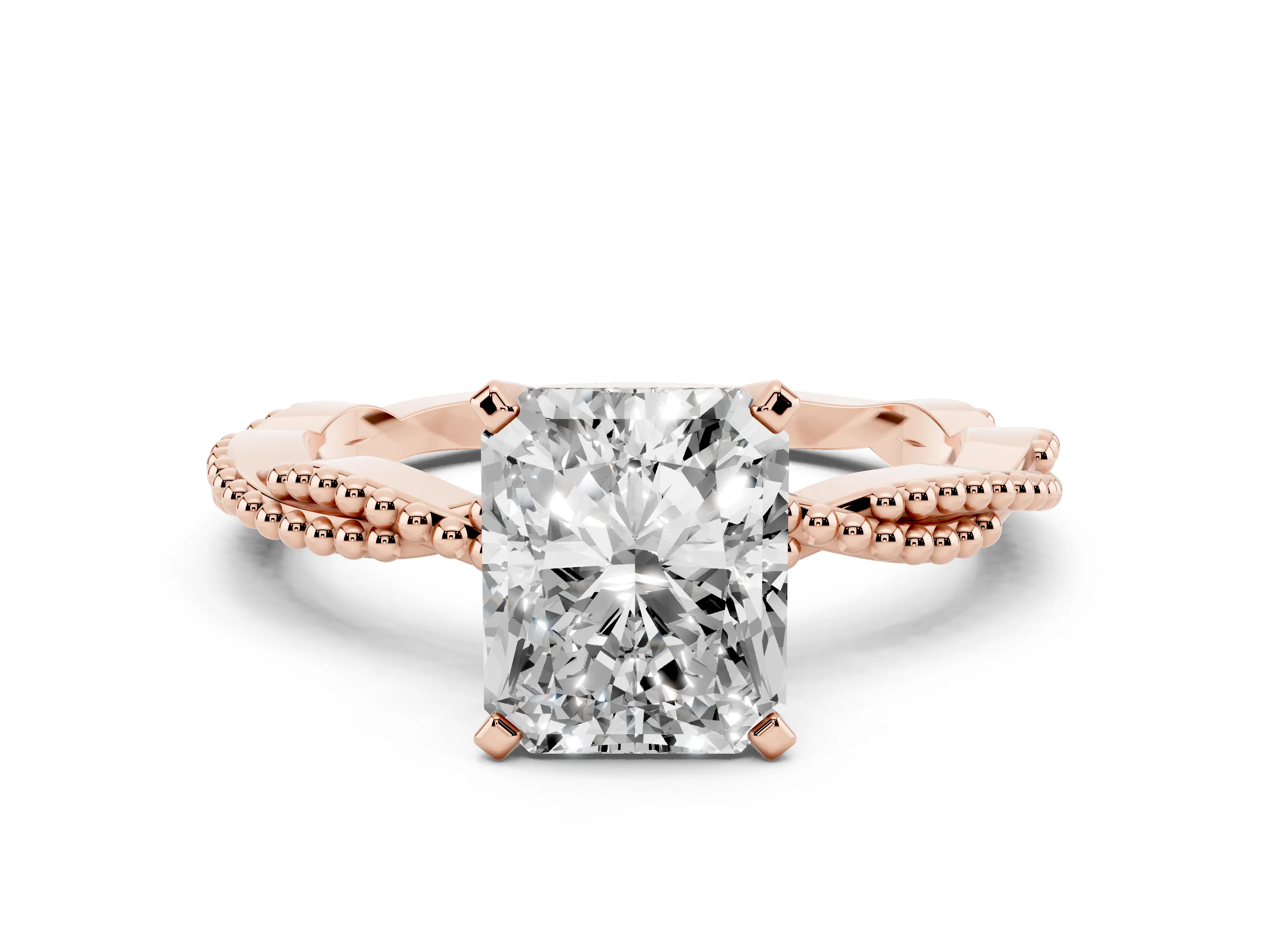 Radiant Cut Diamond Solitaire Ring Set in Rose gold with Twisted Band and Bead Prong Setting