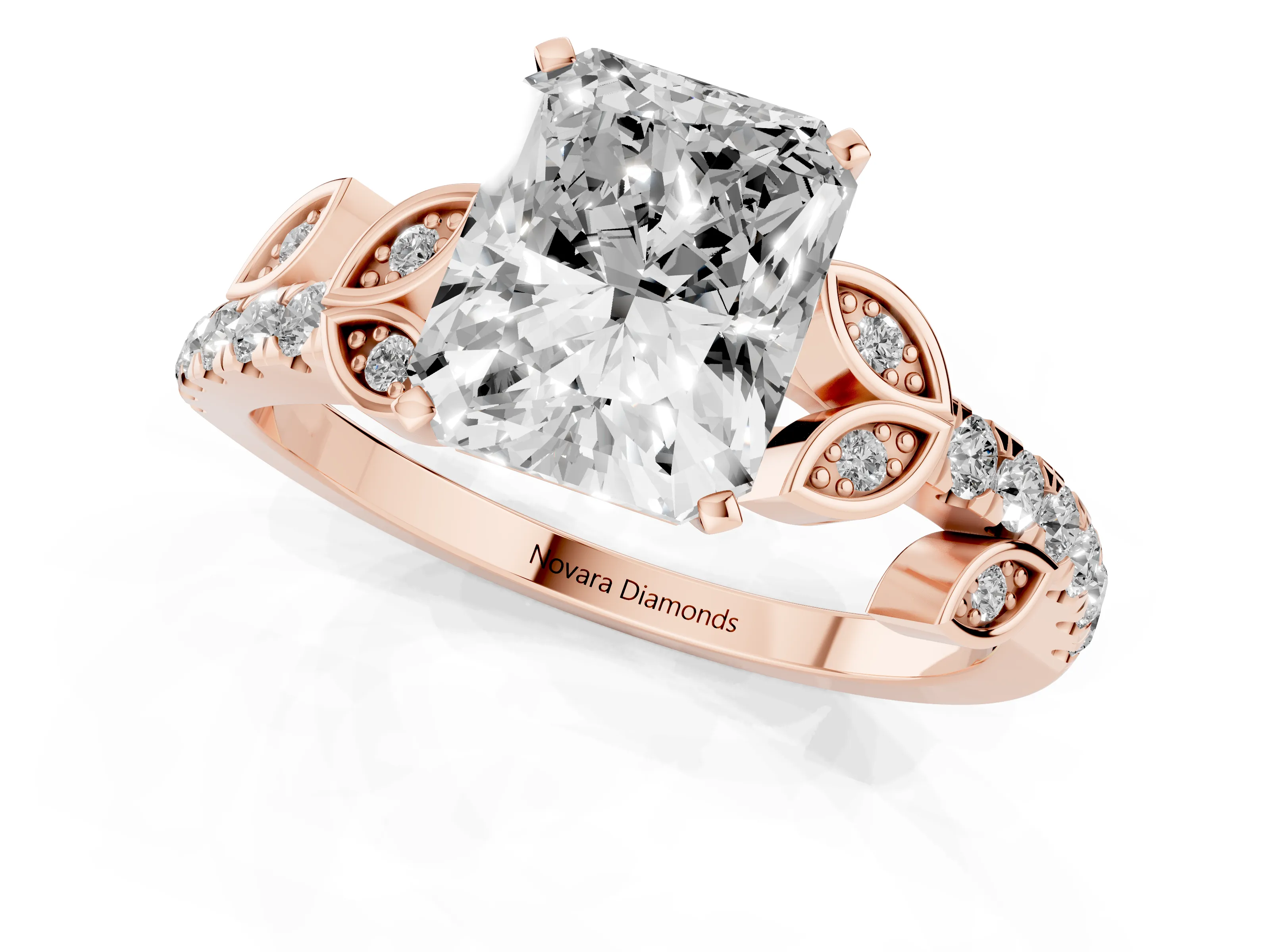 Radiant Cut Diamond Solitaire Leaf-Inspired Ring Set in Rose gold with Pavé Band and Prong Setting
