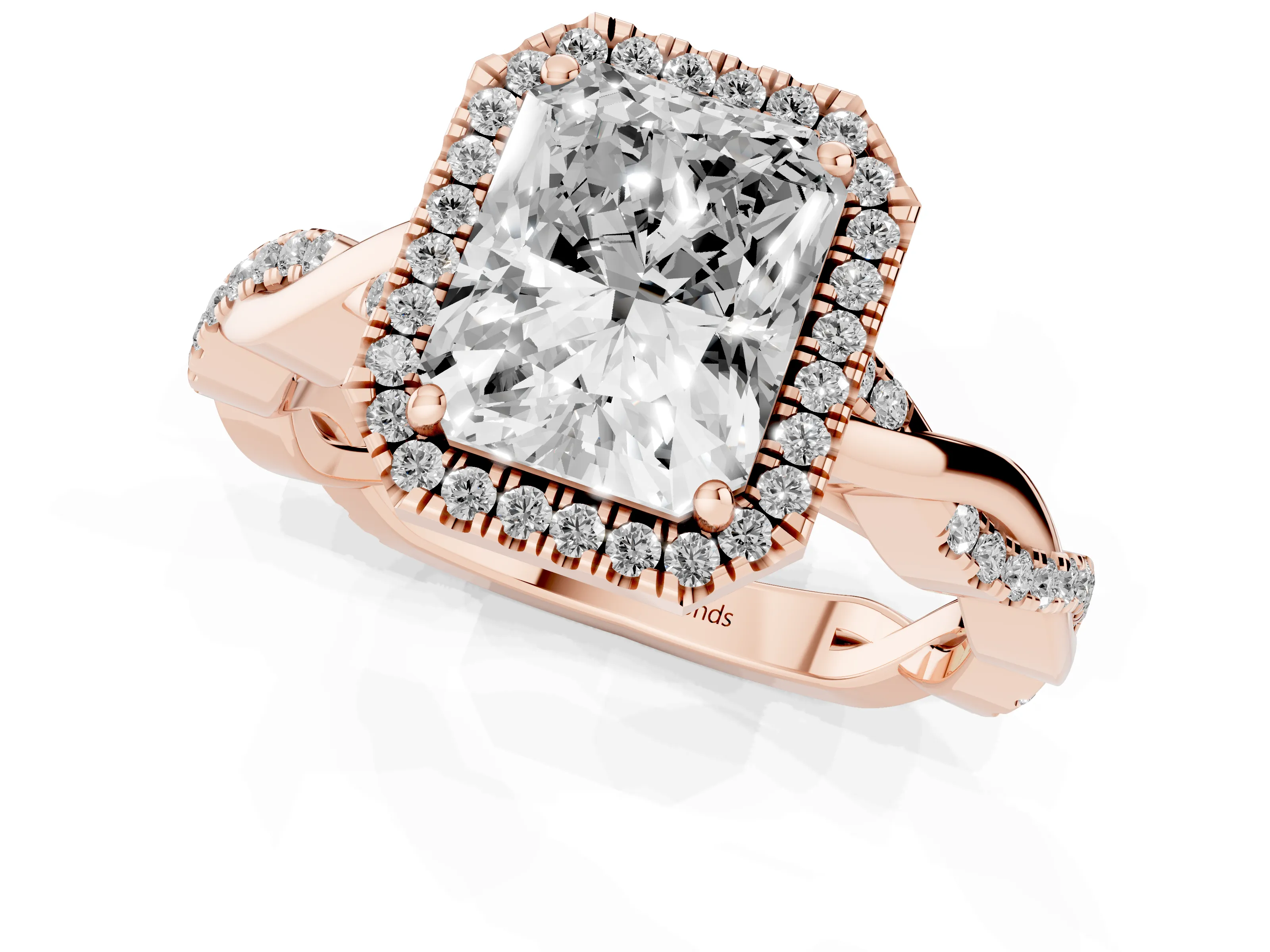 Radiant Cut Diamond Halo Twisted Band Ring Set in Rose gold with Prong Setting