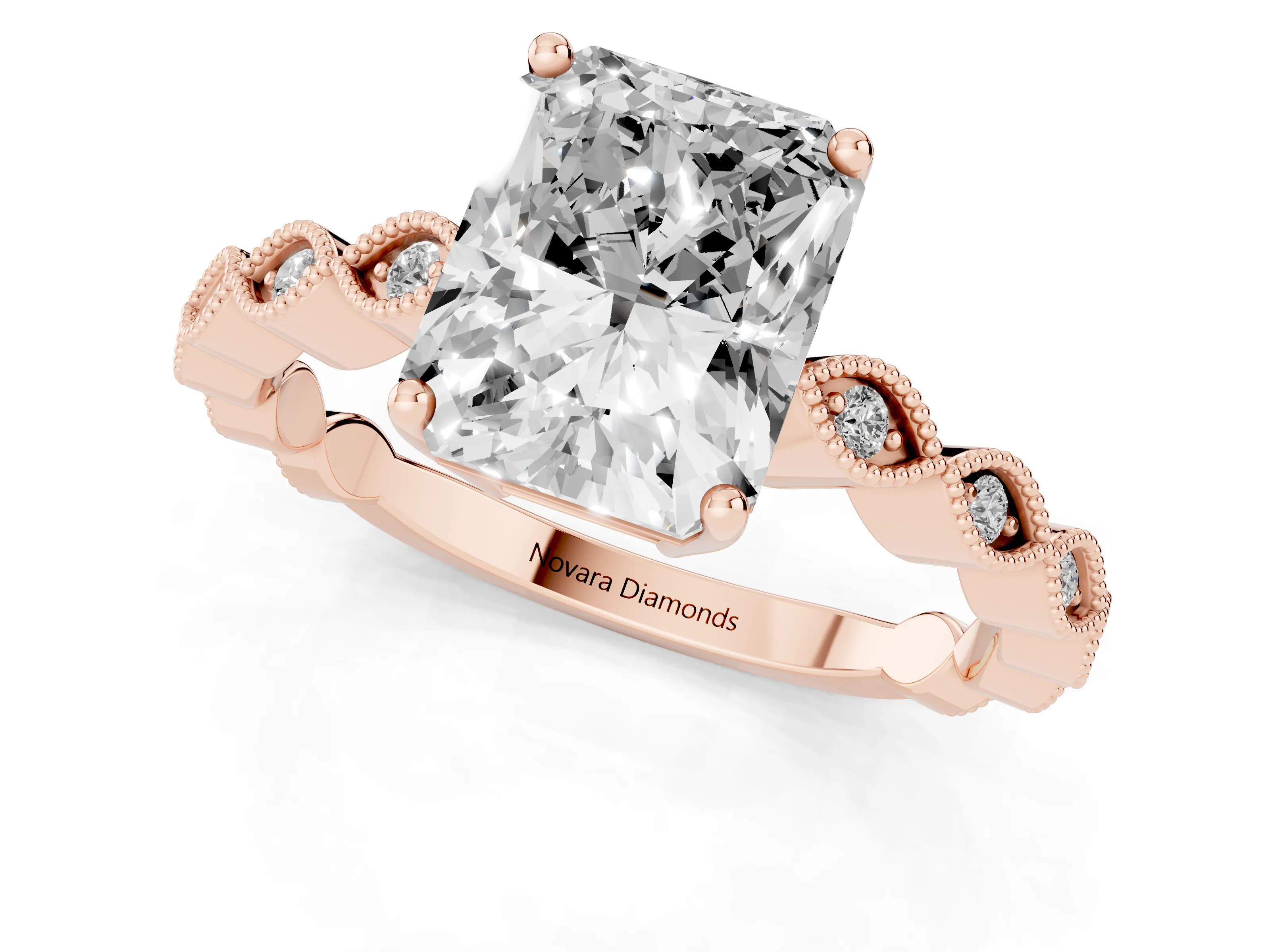 Radiant Cut Diamond Solitaire Ring Set in Rose gold with Infinity Twist Pavé Band