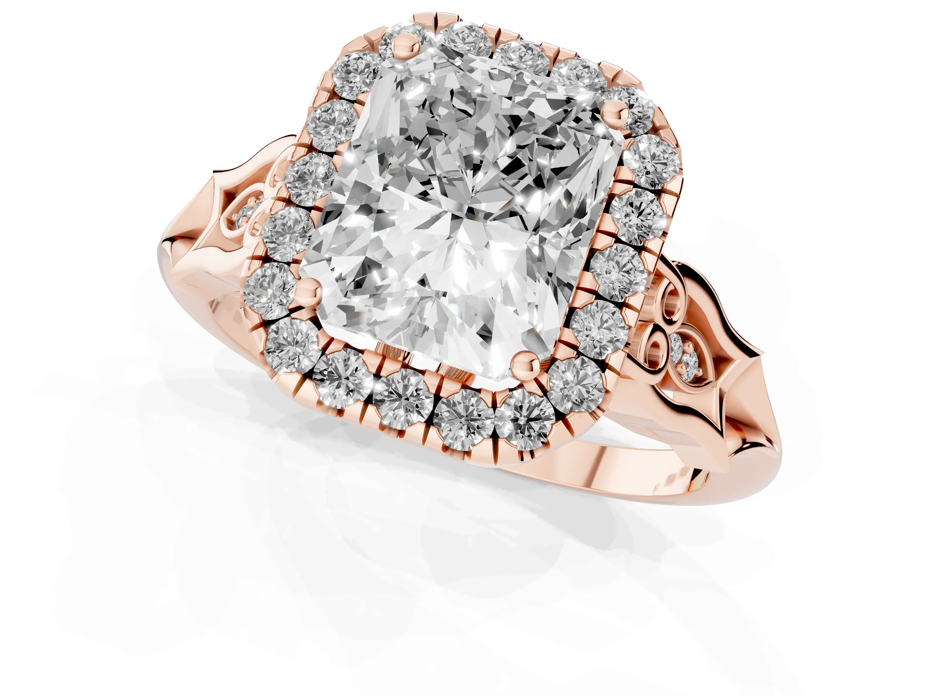 Radiant Cut Diamond Halo Engagement Ring Set in Rose gold with Filigree Band and Prong-Set Center