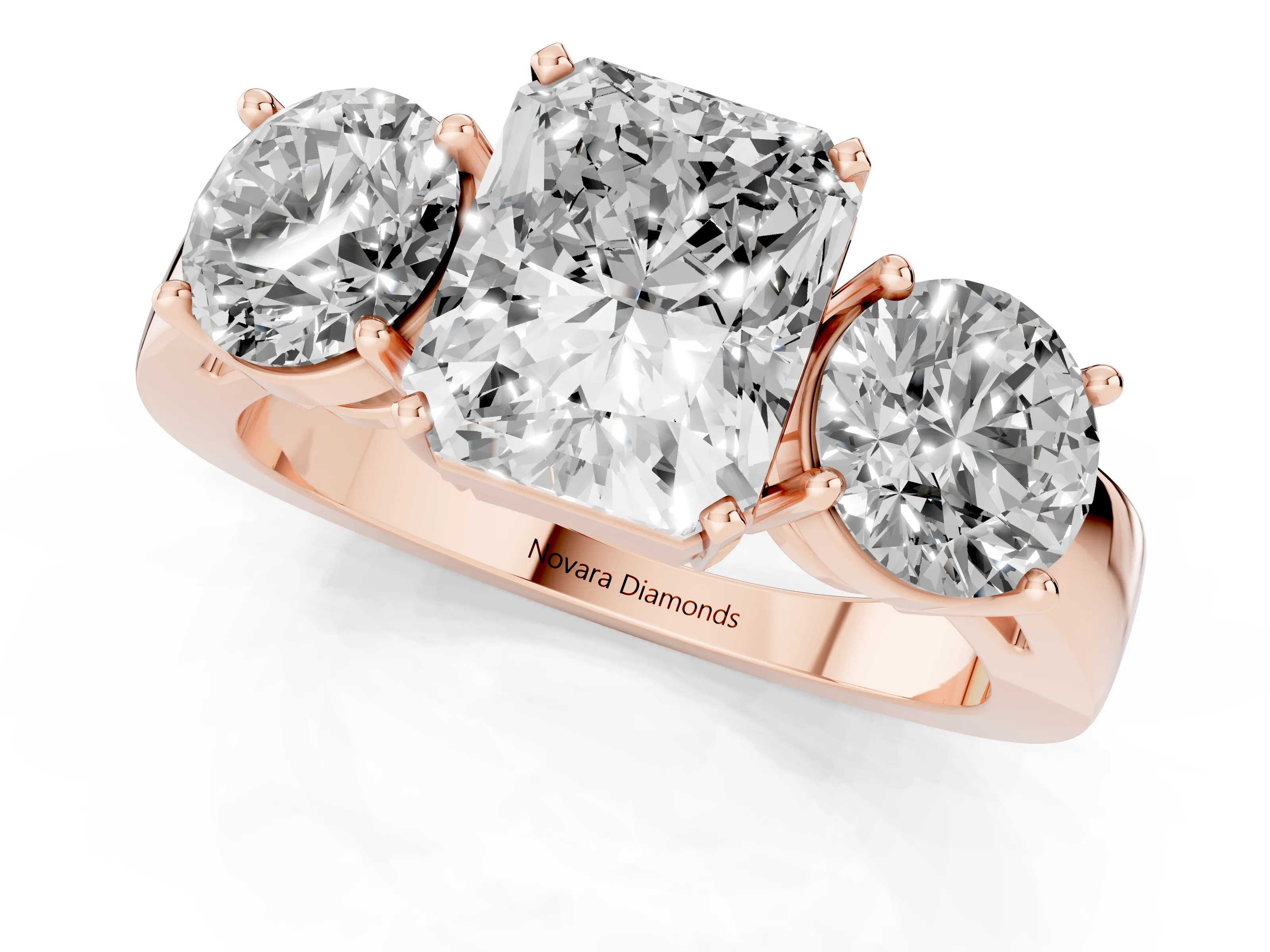 Radiant Cut Diamond Three-Stone Ring Set in Rose gold with Round Side Stones and Classic Band
