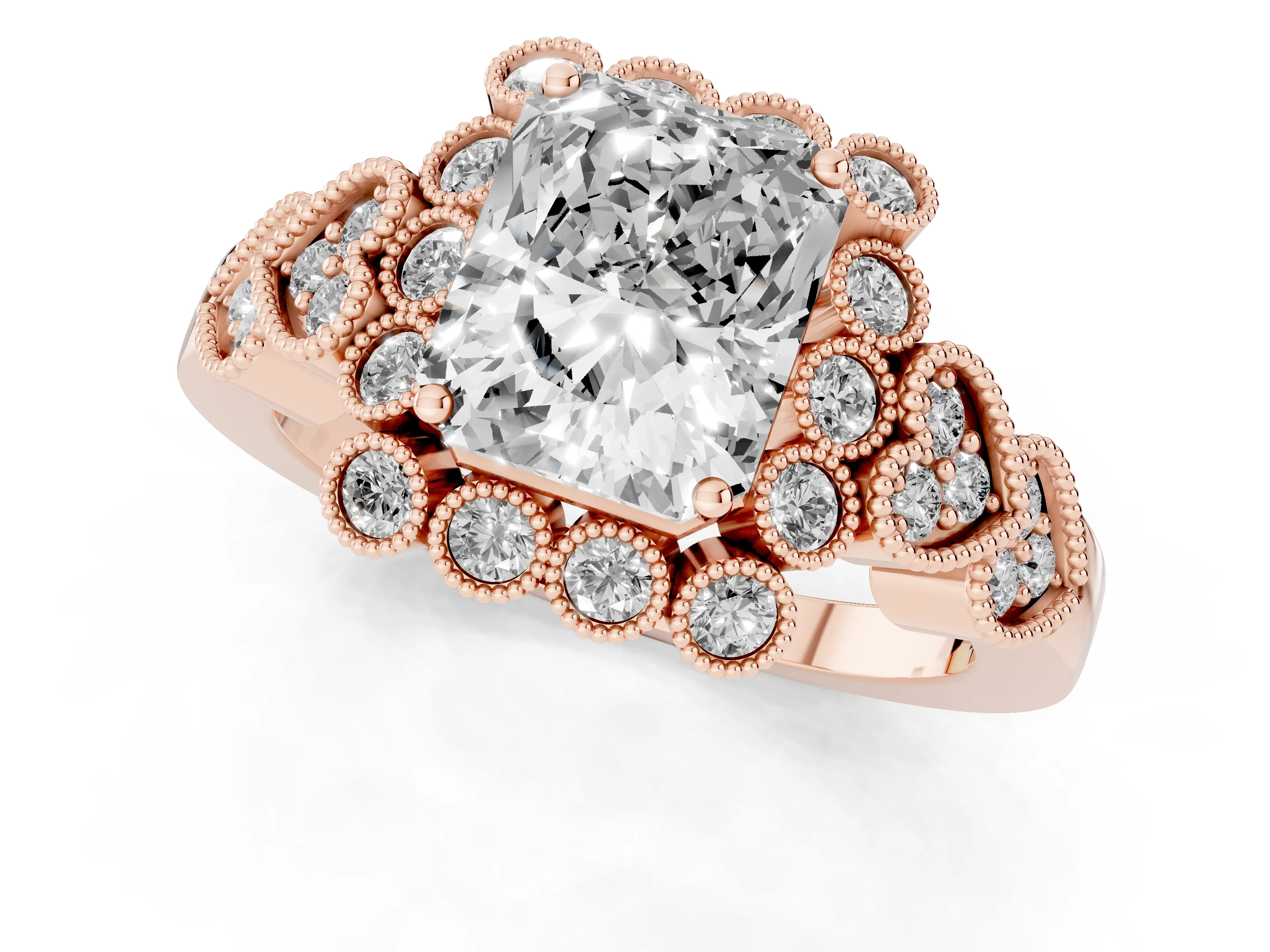 Radiant Cut Diamond Solitaire Ring Set in Rose gold with Milgrain Pavé Heart Band