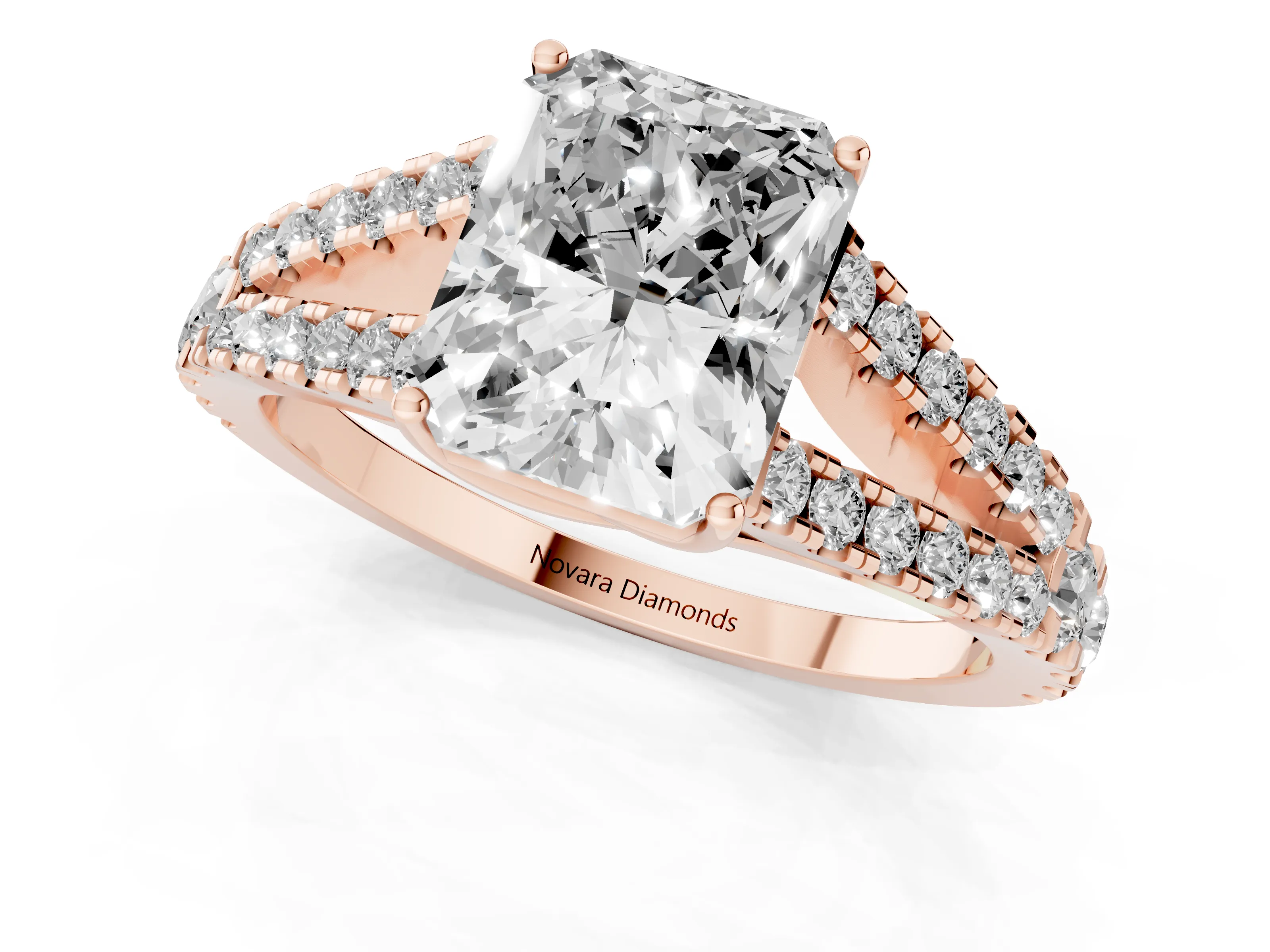 Radiant Cut Diamond Split Shank Pavé Engagement Ring Set in Rose gold with Prong-Held Center Stone