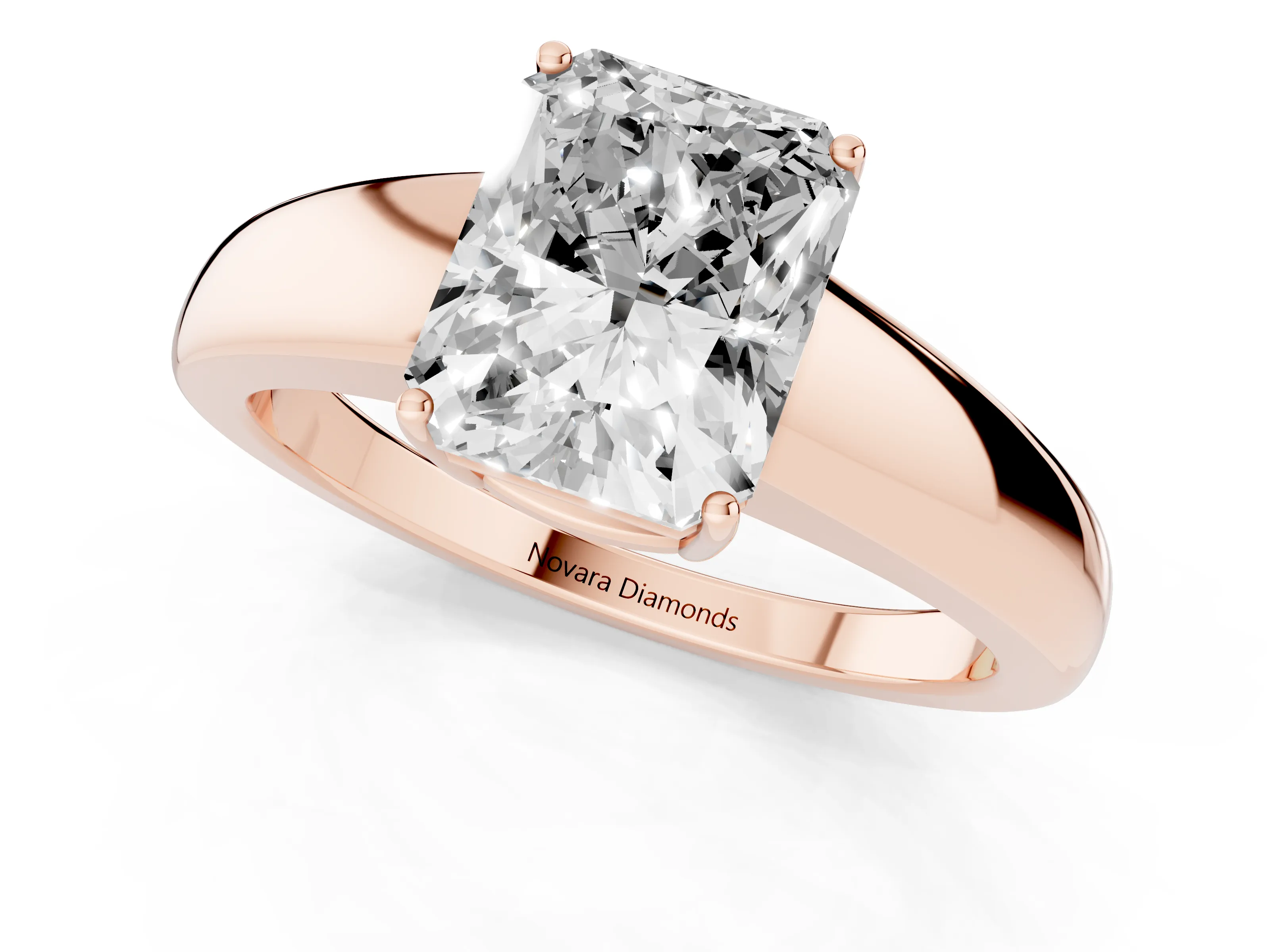 Radiant Cut Diamond Solitaire Ring Set in Rose gold with Tapered Band and Prong Setting