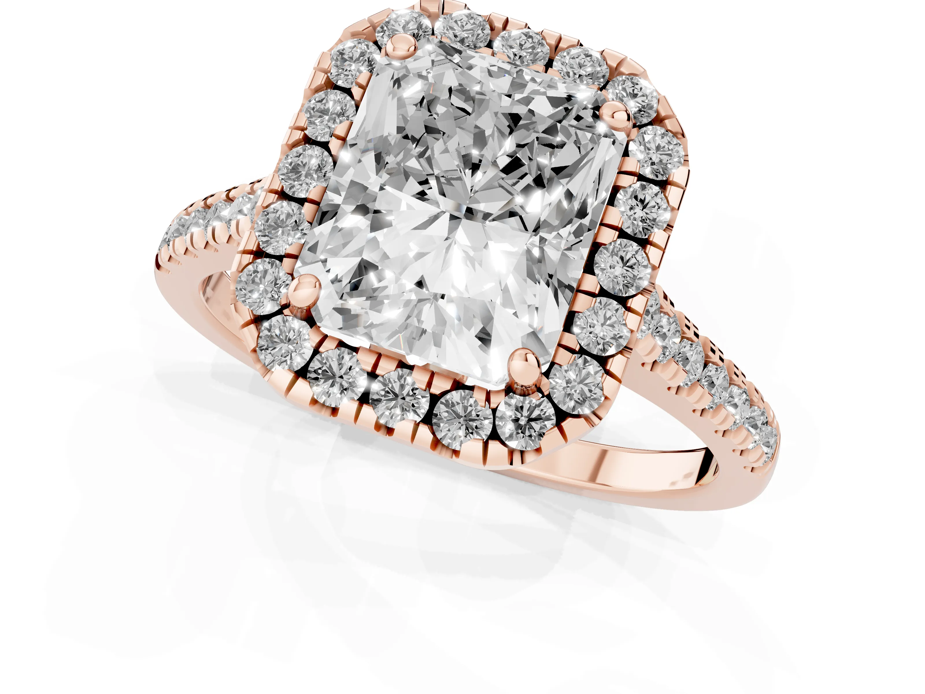Radiant Cut Diamond Cushion Halo Ring Set in Rose gold with Pavé Band