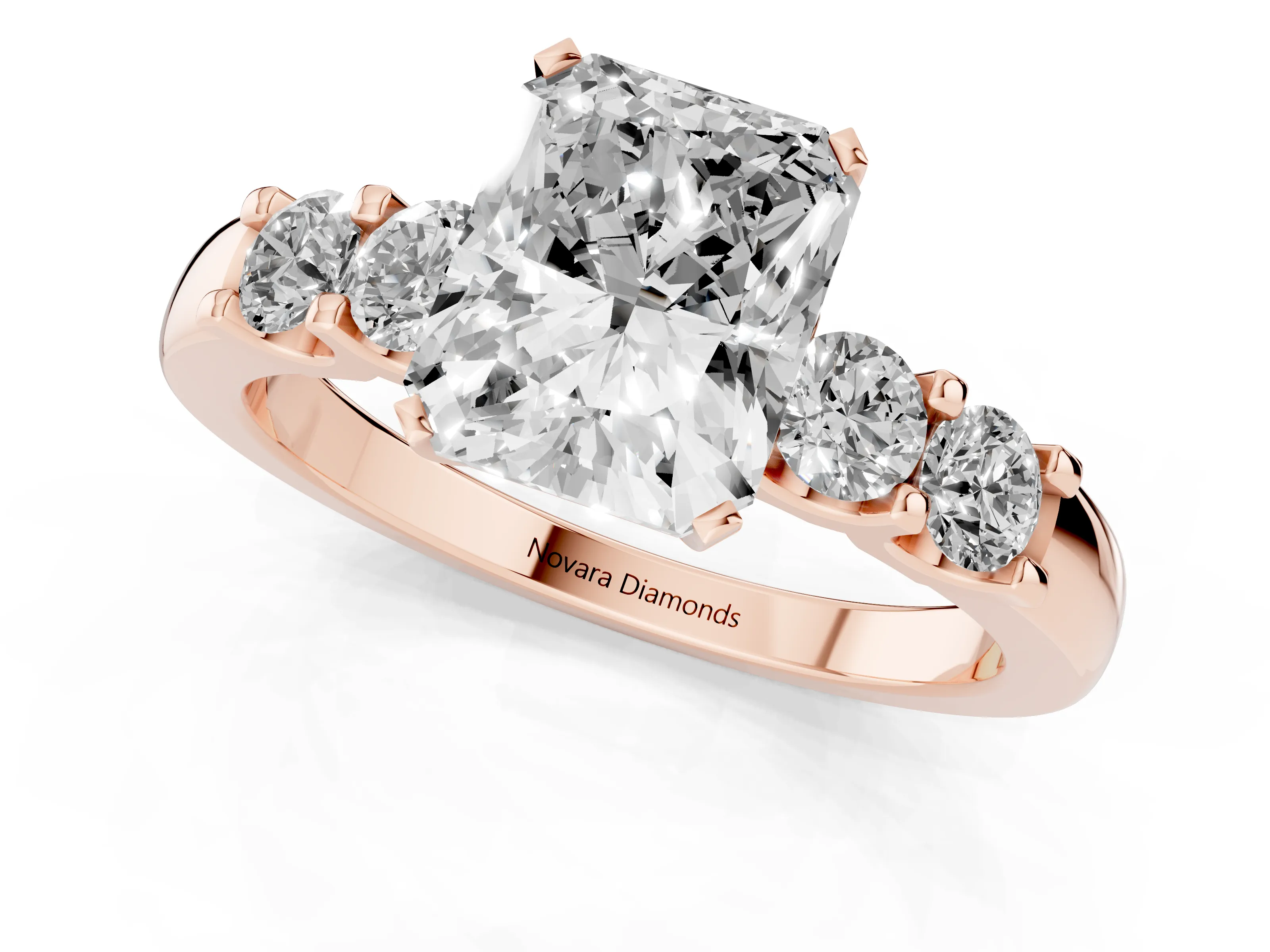 Radiant Cut Diamond Five-Stone Prong Set Engagement Ring Set in Rose gold with Channel Band