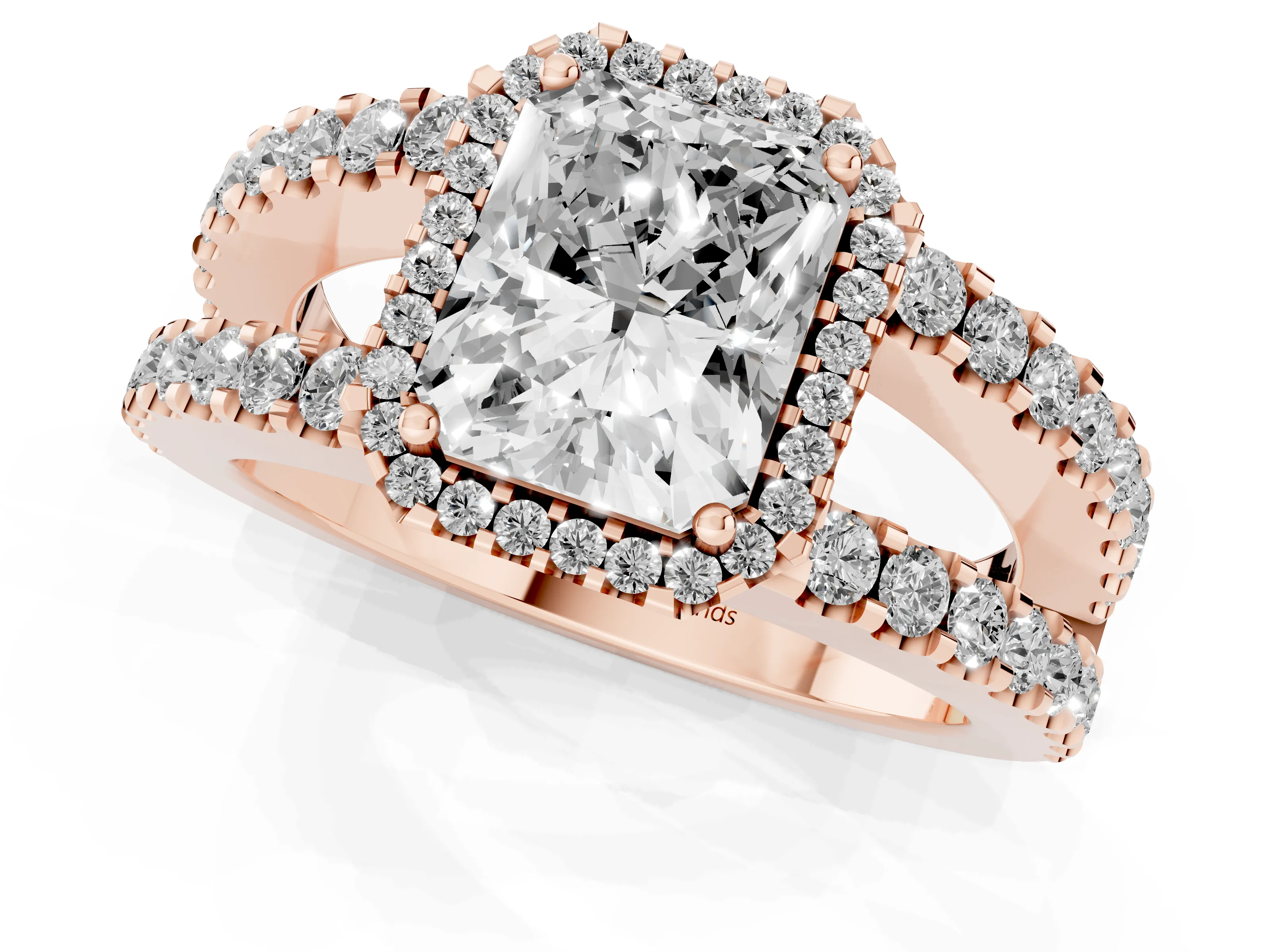 Radiant Cut Diamond Halo Ring Set in Rose gold with Pavé Split Shank and Prong Setting