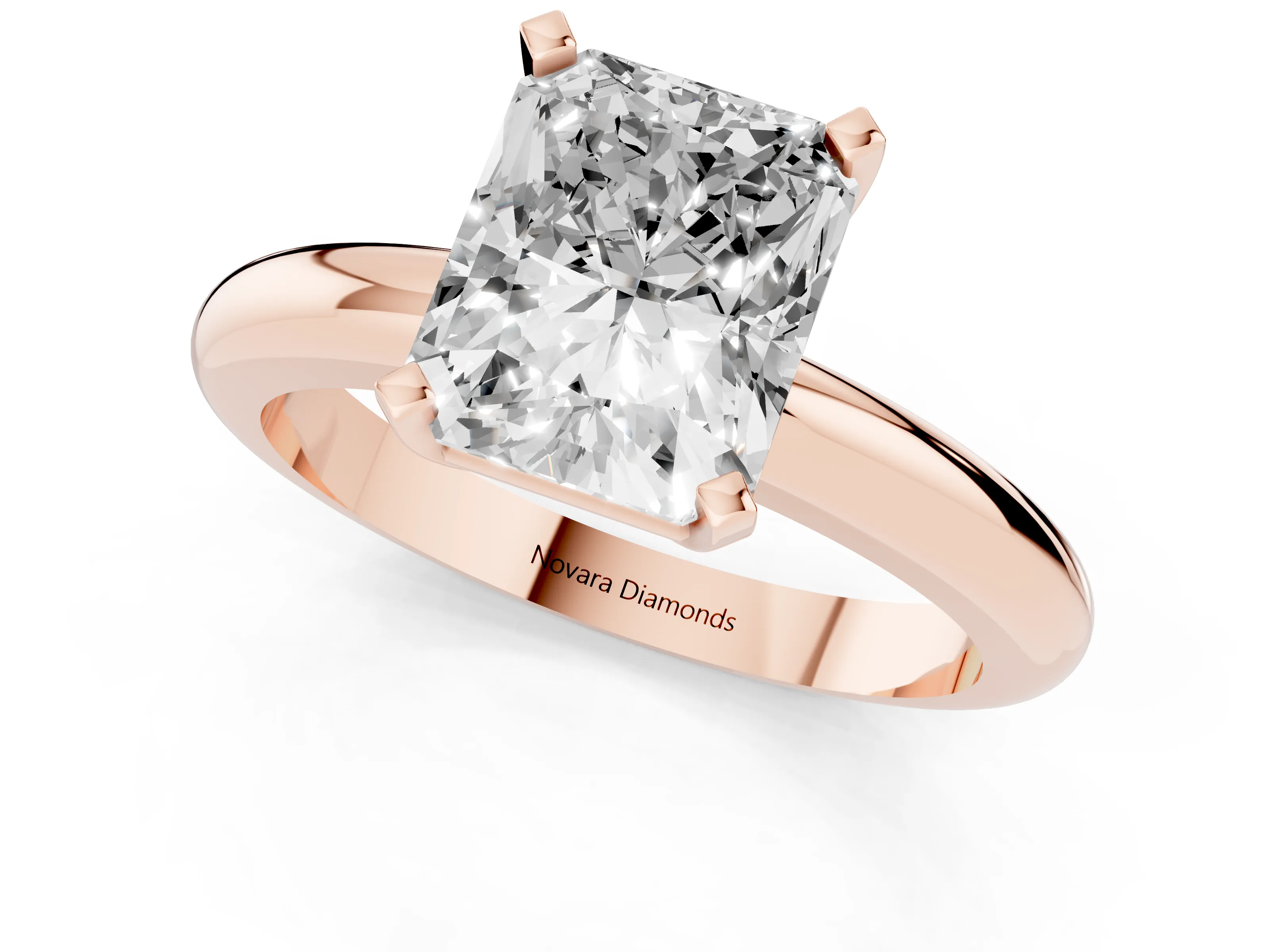 Radiant Cut Diamond Solitaire Engagement Ring Set in Rose gold with Round Band and Prong Setting