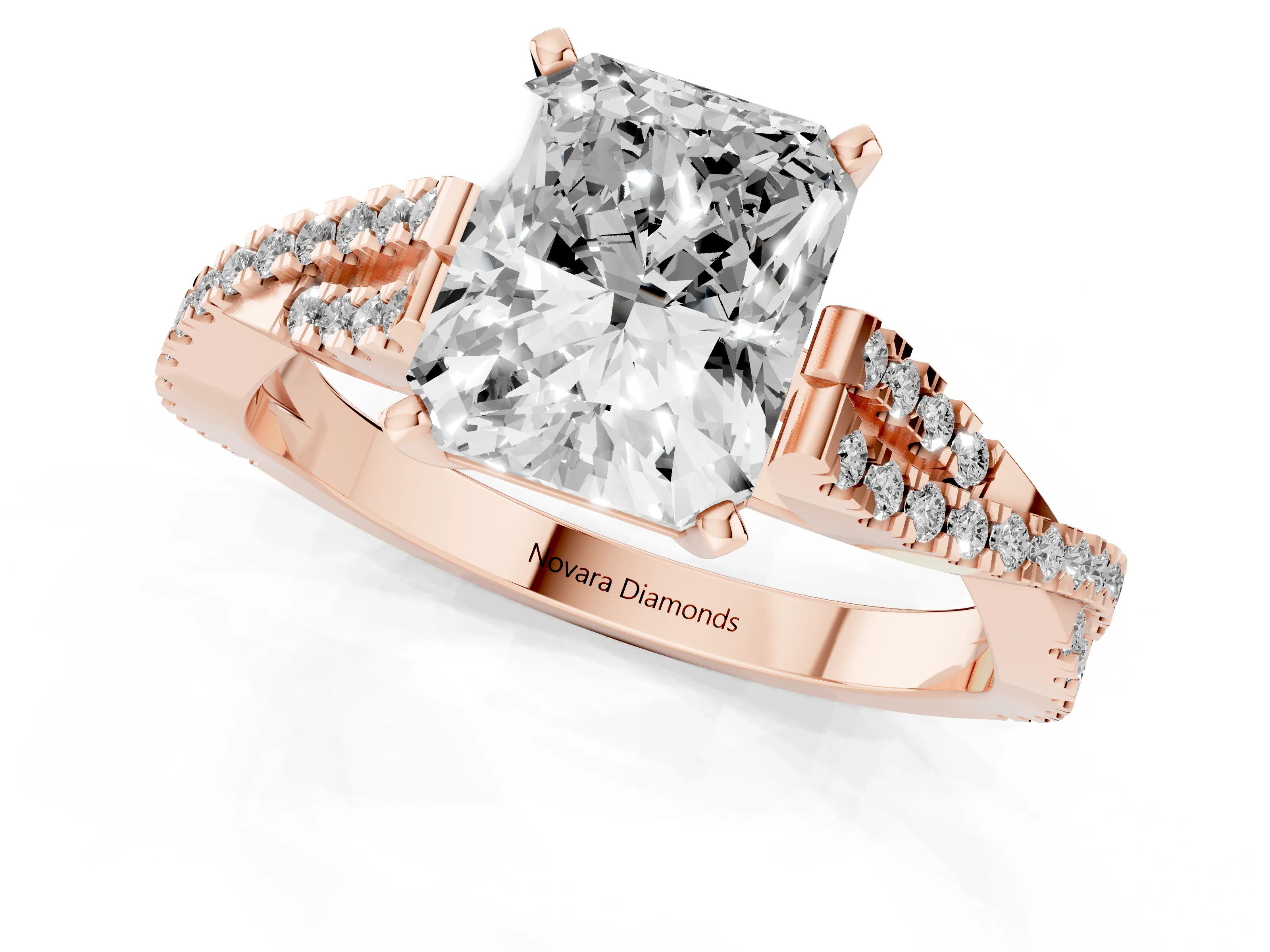Radiant Cut Diamond Solitaire Engagement Ring Set in Rose gold with Twisted Pavé Band and Prong Setting