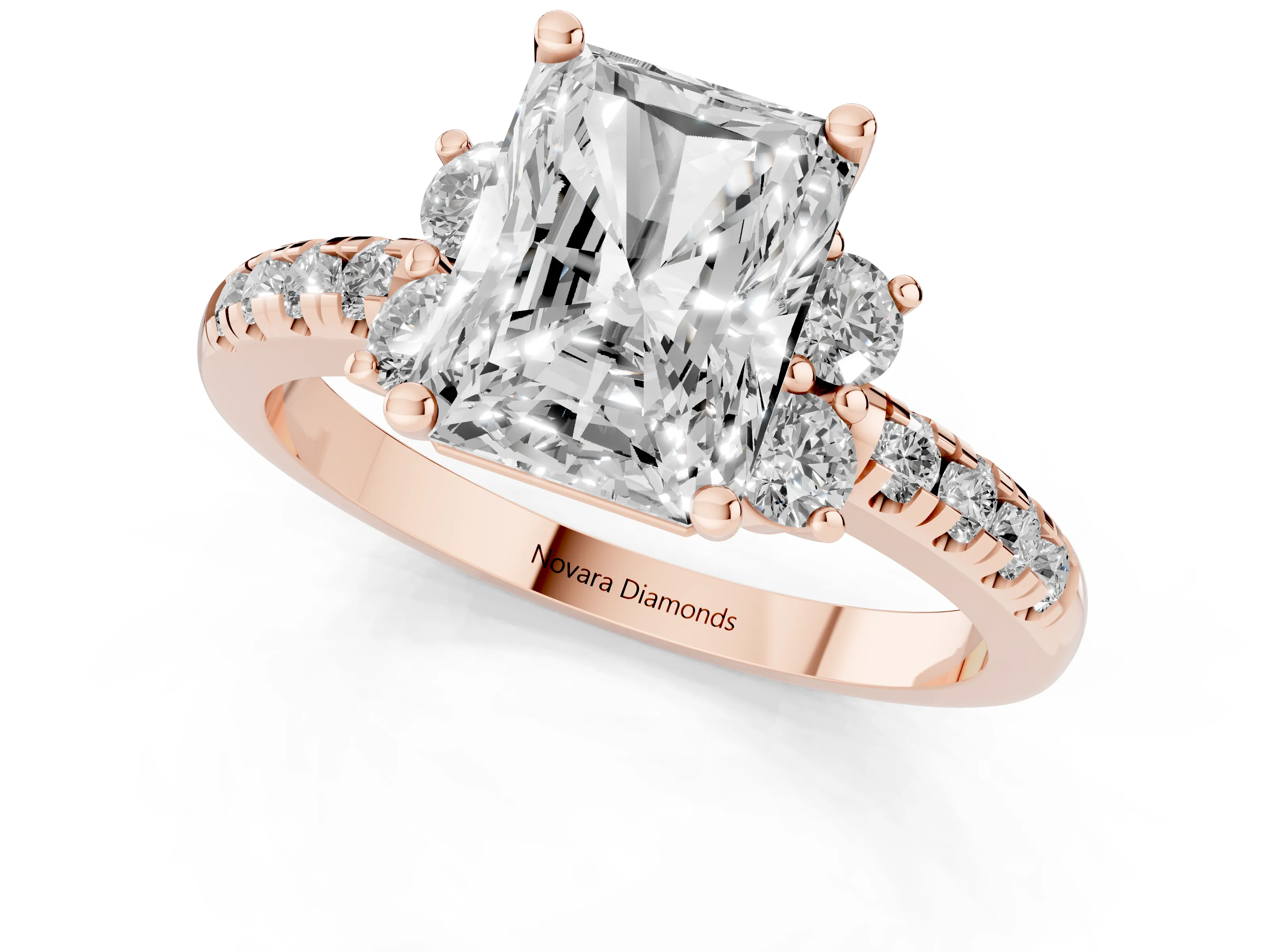 Radiant Cut Diamond Three-Stone Pavé Ring Set in Rose gold with Prong Setting