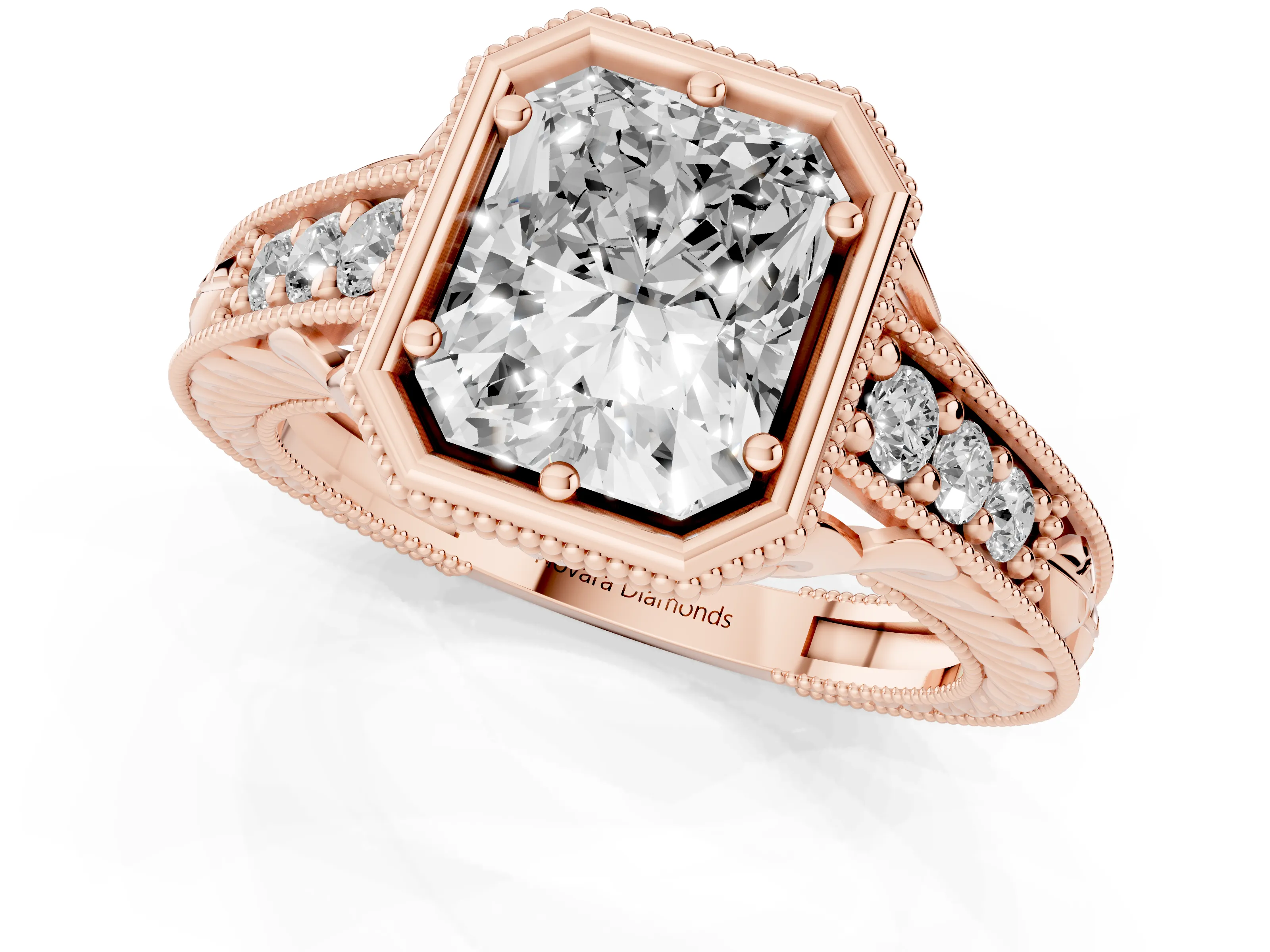 Bezel Set Radiant Cut Diamond Milgrain Pavé Engagement Ring Set in Rose gold