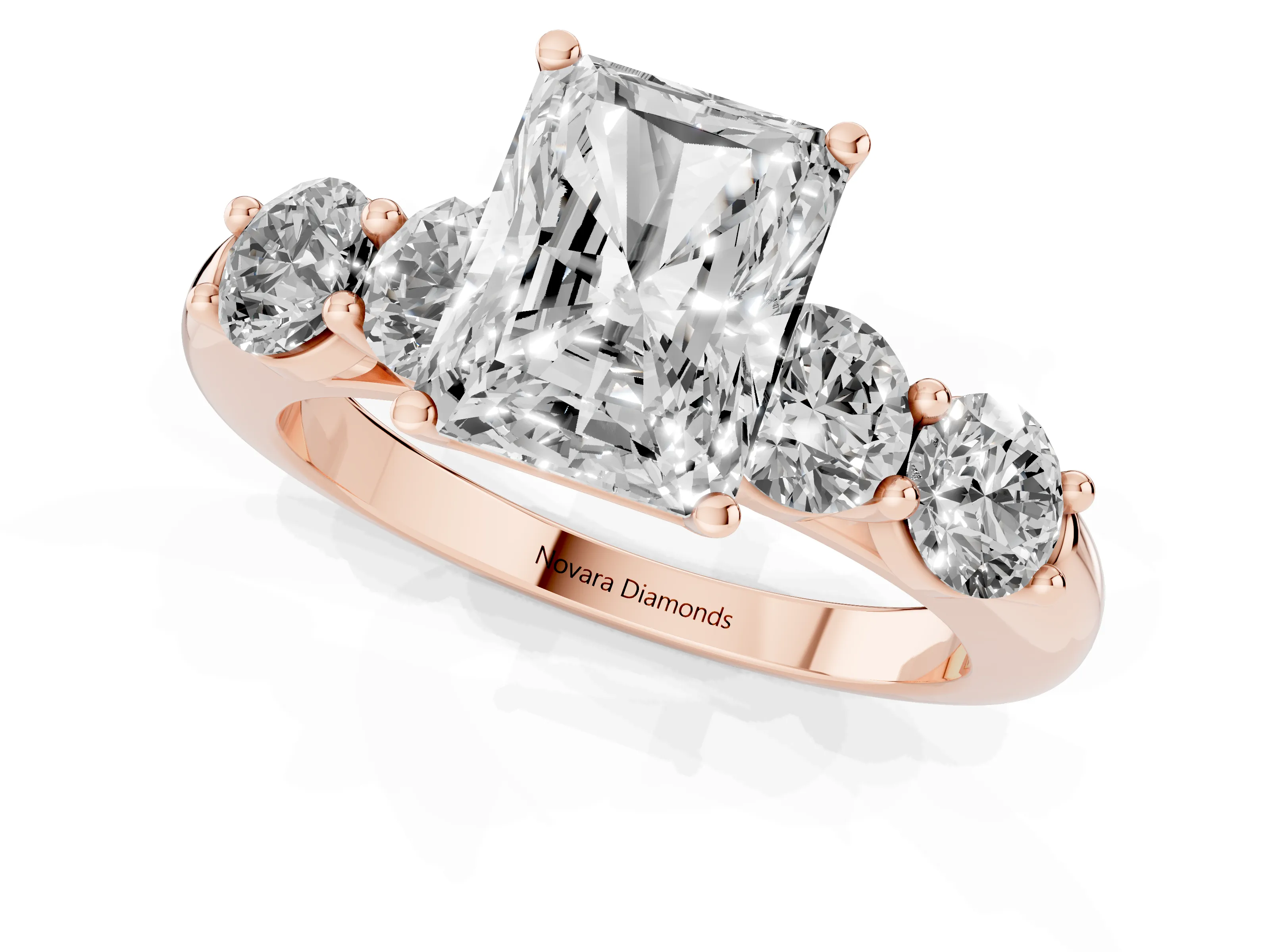 Radiant Cut Diamond Five-Stone Prong Set Ring Set in Rose gold with Classic Band