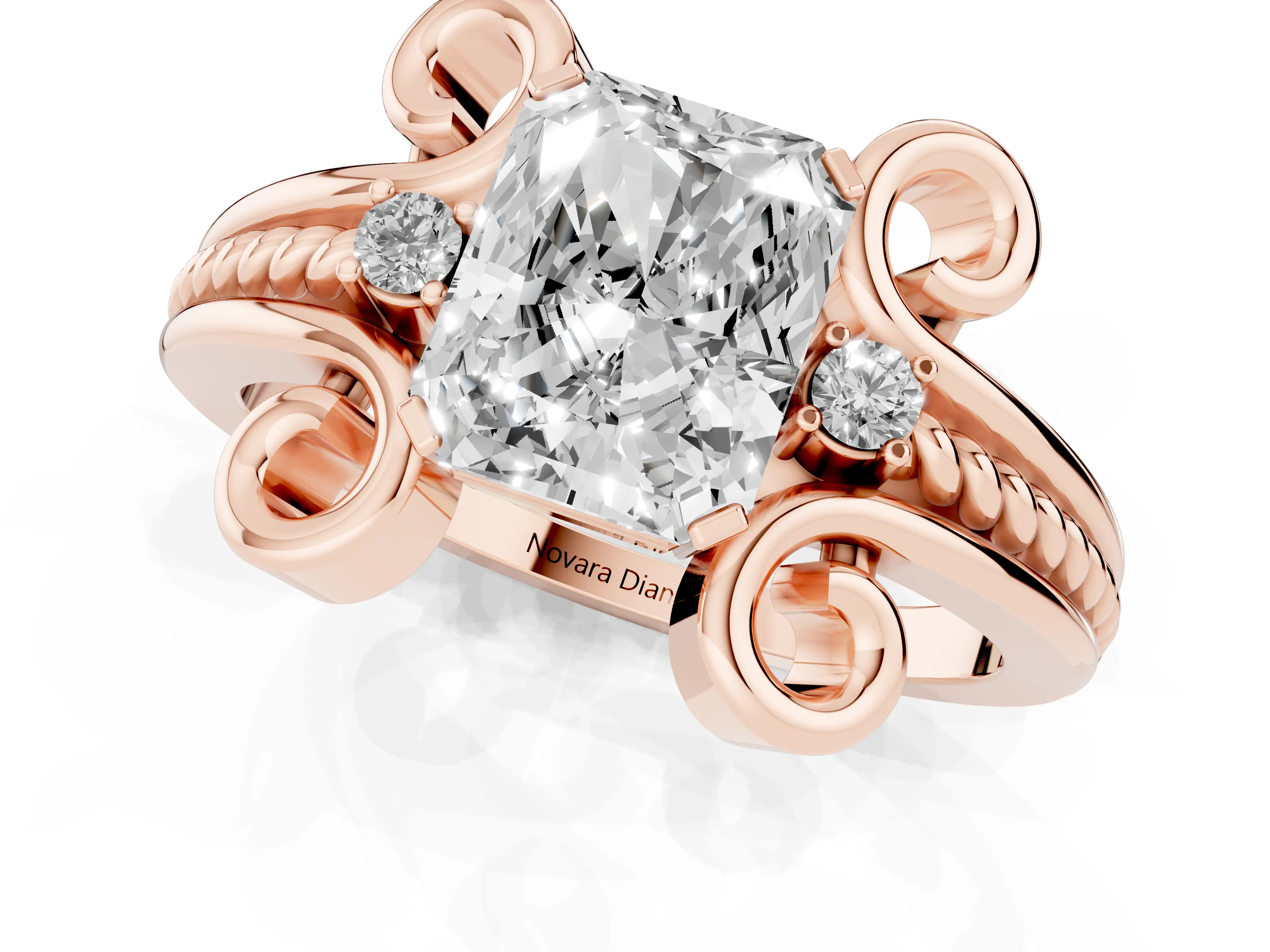 Radiant Cut Diamond Twisted Band Solitaire Ring Set in Rose gold with Scroll Prongs