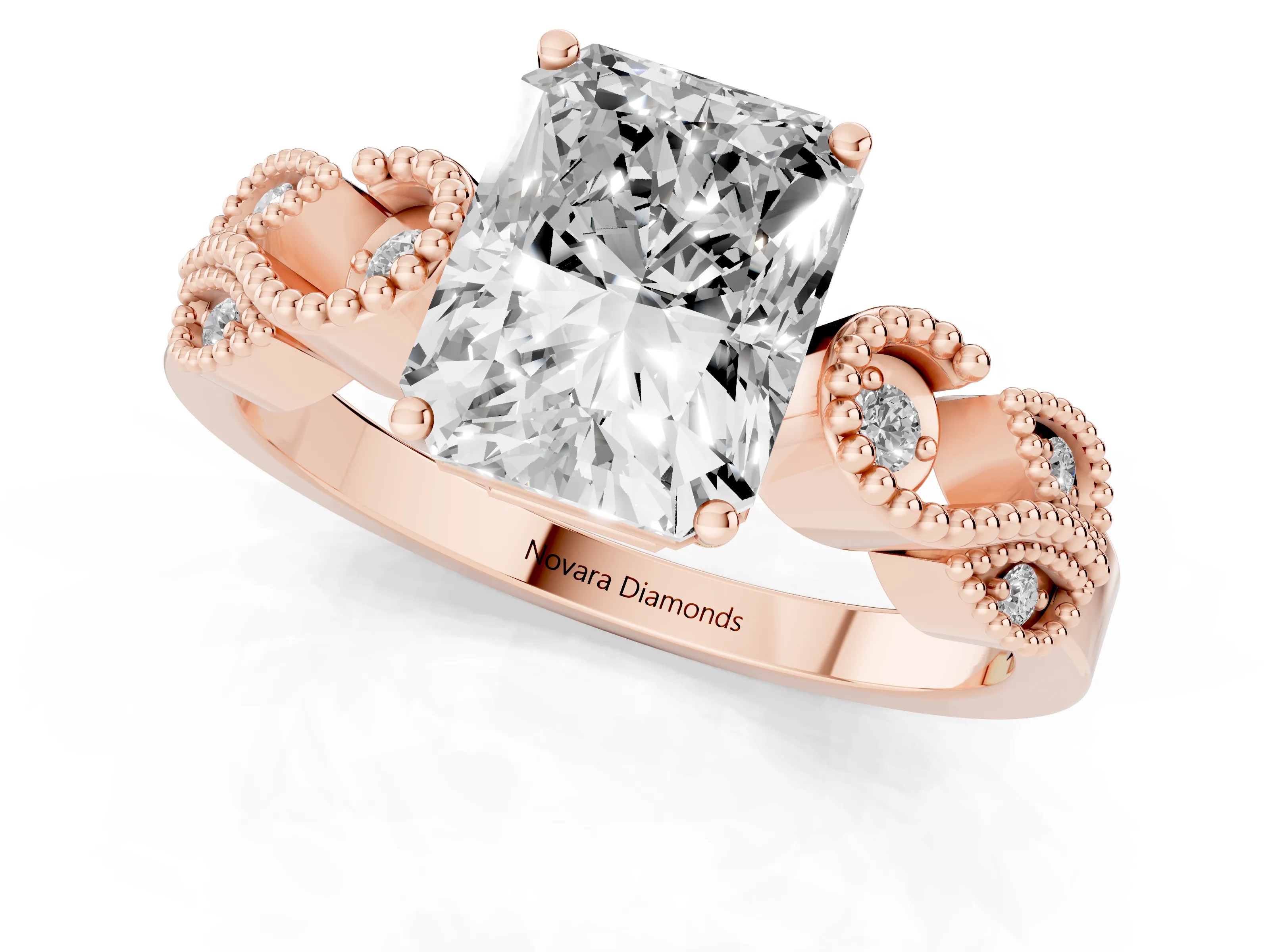 Radiant Cut Diamond Milgrain Leaf Band Solitaire Ring Set in Rose gold with Accent Stones and Prong Setting